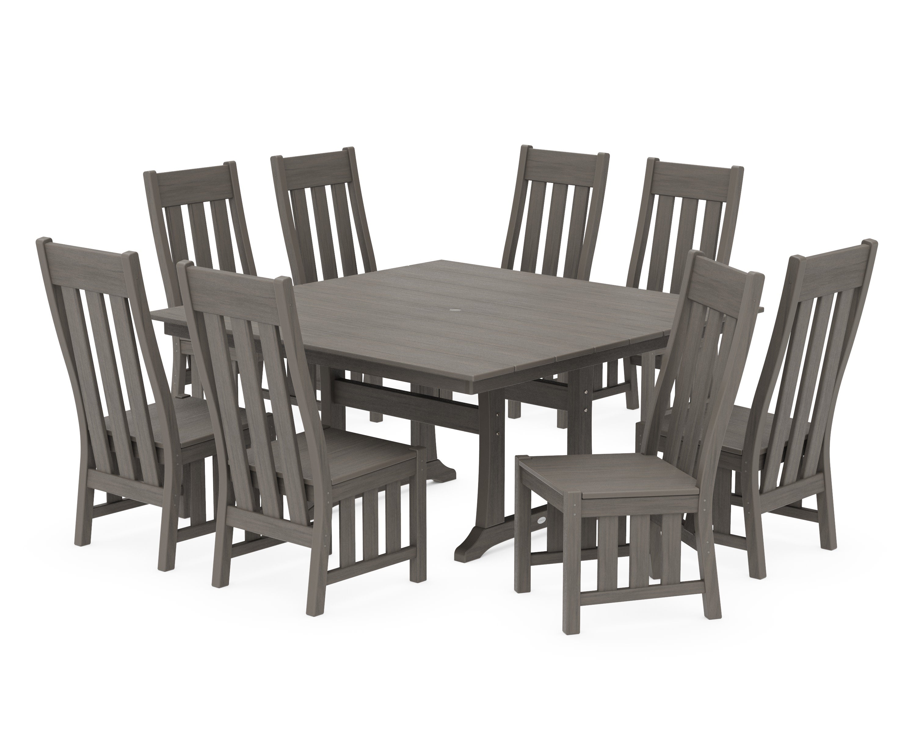 Acadia Side Chair 9-Piece Square Farmhouse Dining Set with Trestle Legs in Driftwood
