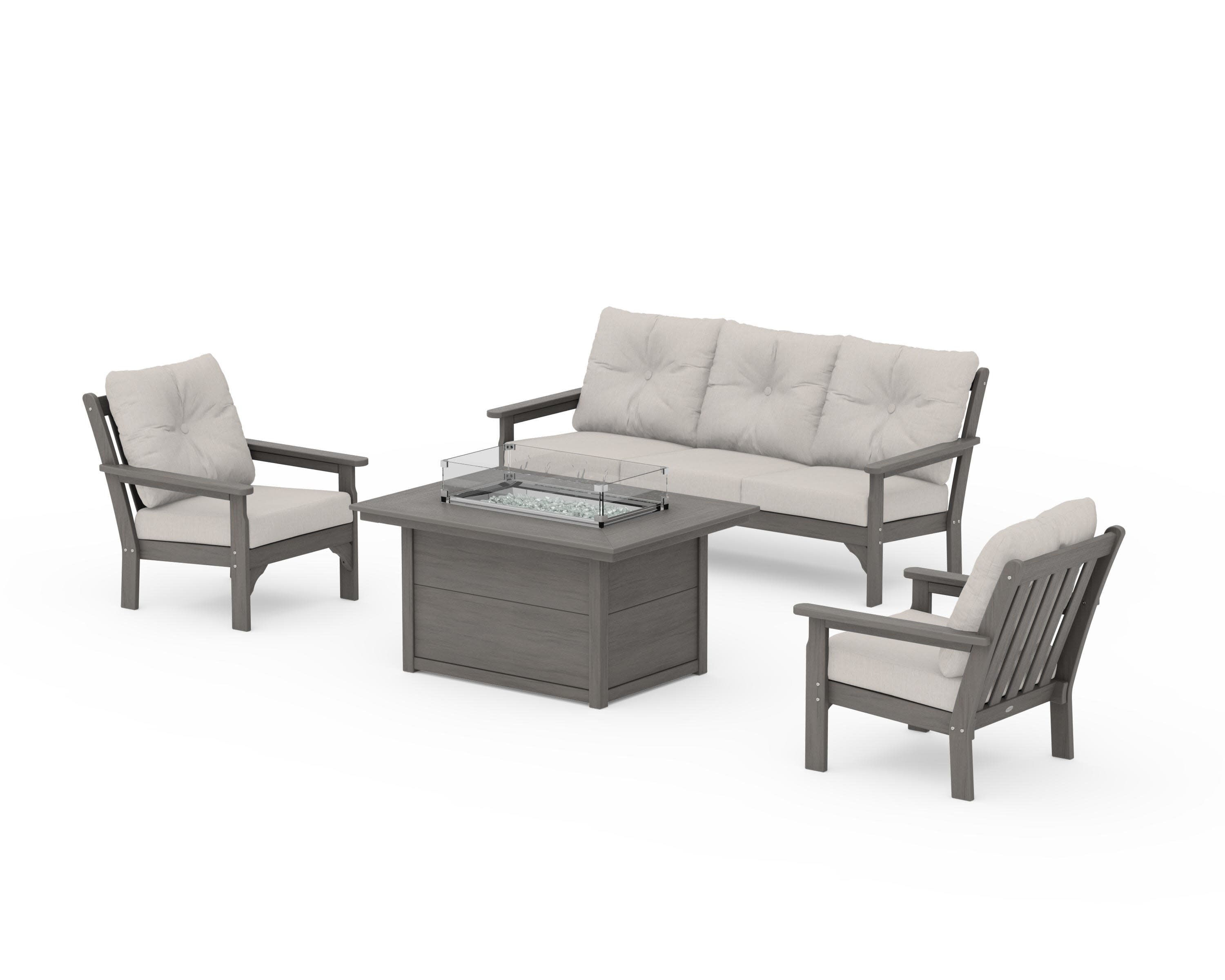Vineyard Deep Seating Fire Pit Table Set in Driftwood / Cast Ash