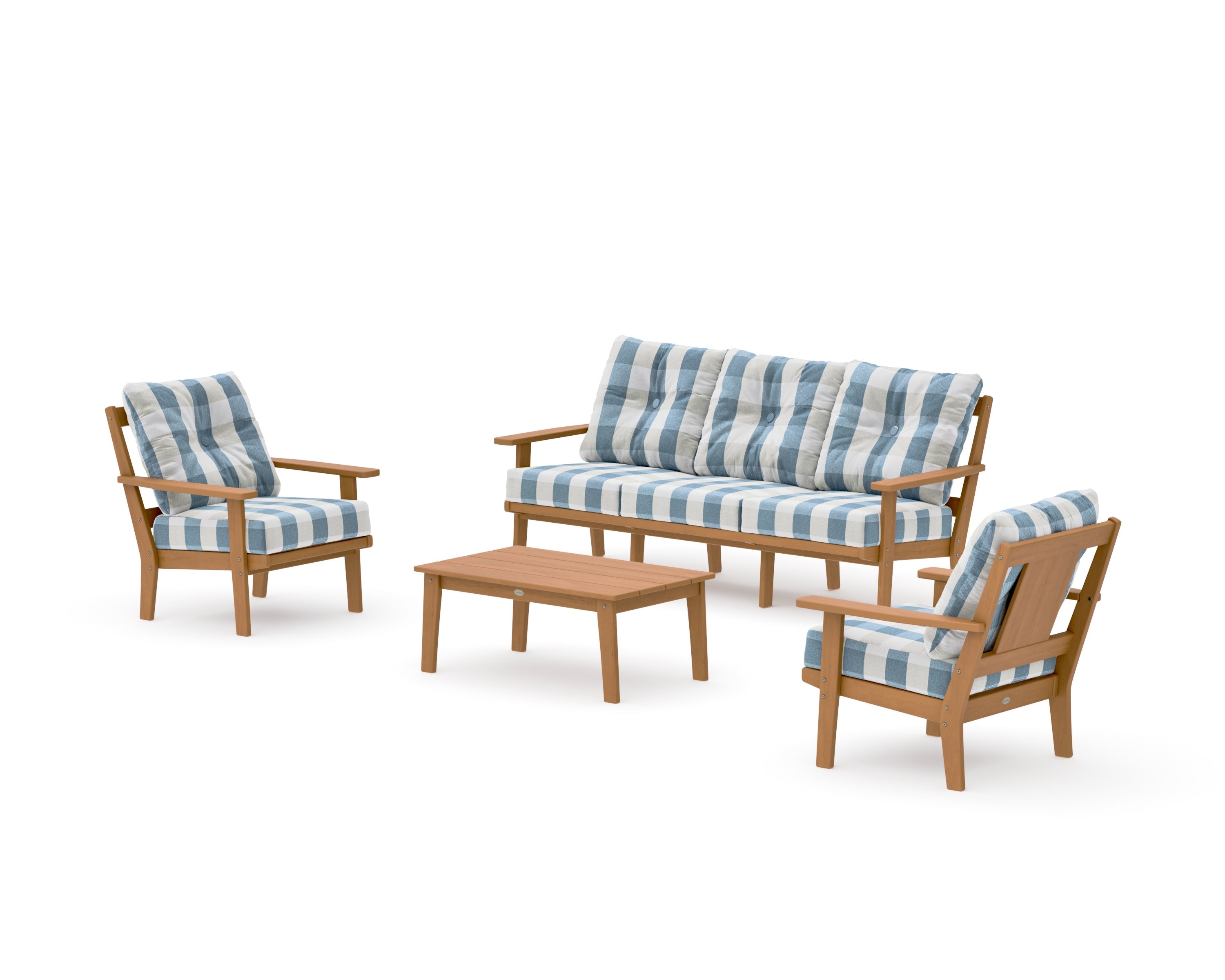 Prairie 4-Piece Deep Seating Set with Sofa in Natural / Buffalo Plaid Sky Blue