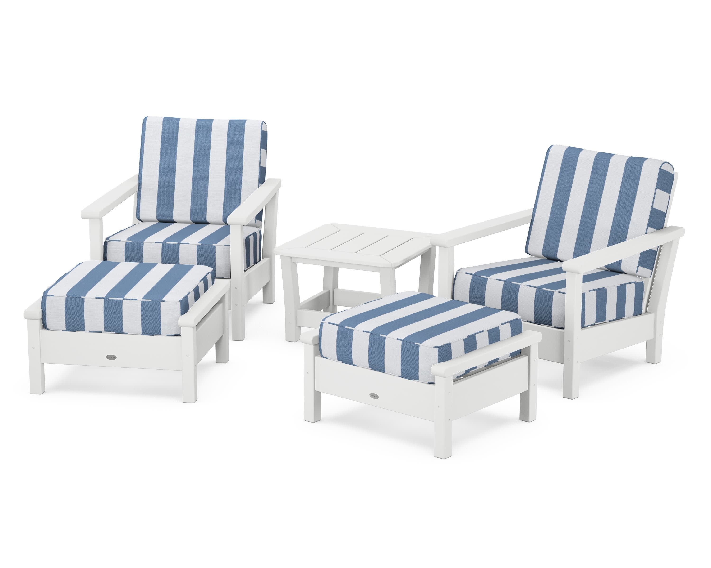 Harbour 5-Piece Deep Seating Chair Set in White / Cabana Stripe Sky Blue
