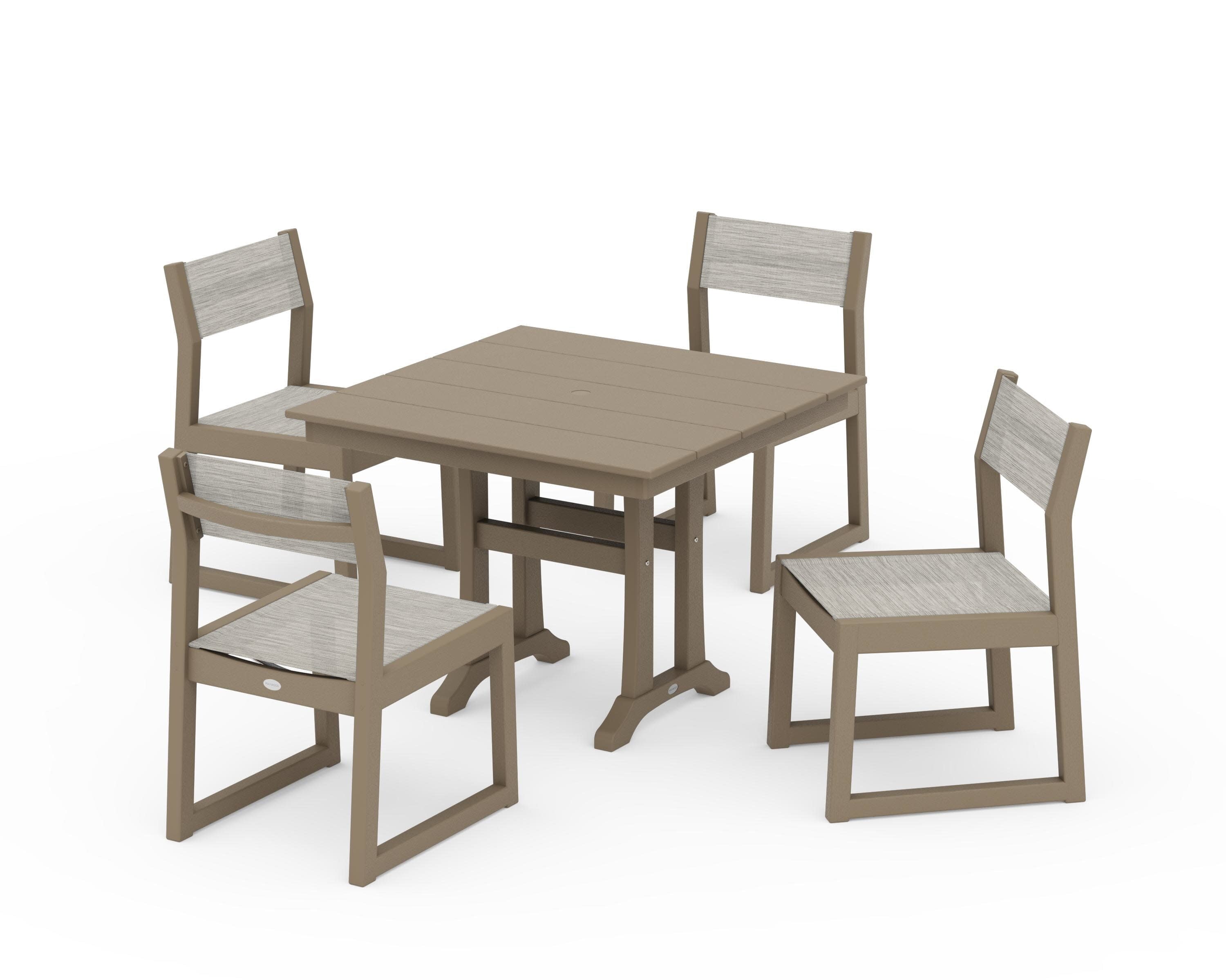 EDGE Sling 5-Piece Farmhouse Trestle Side Chair Dining Set in Vintage Sahara / Birch Sling