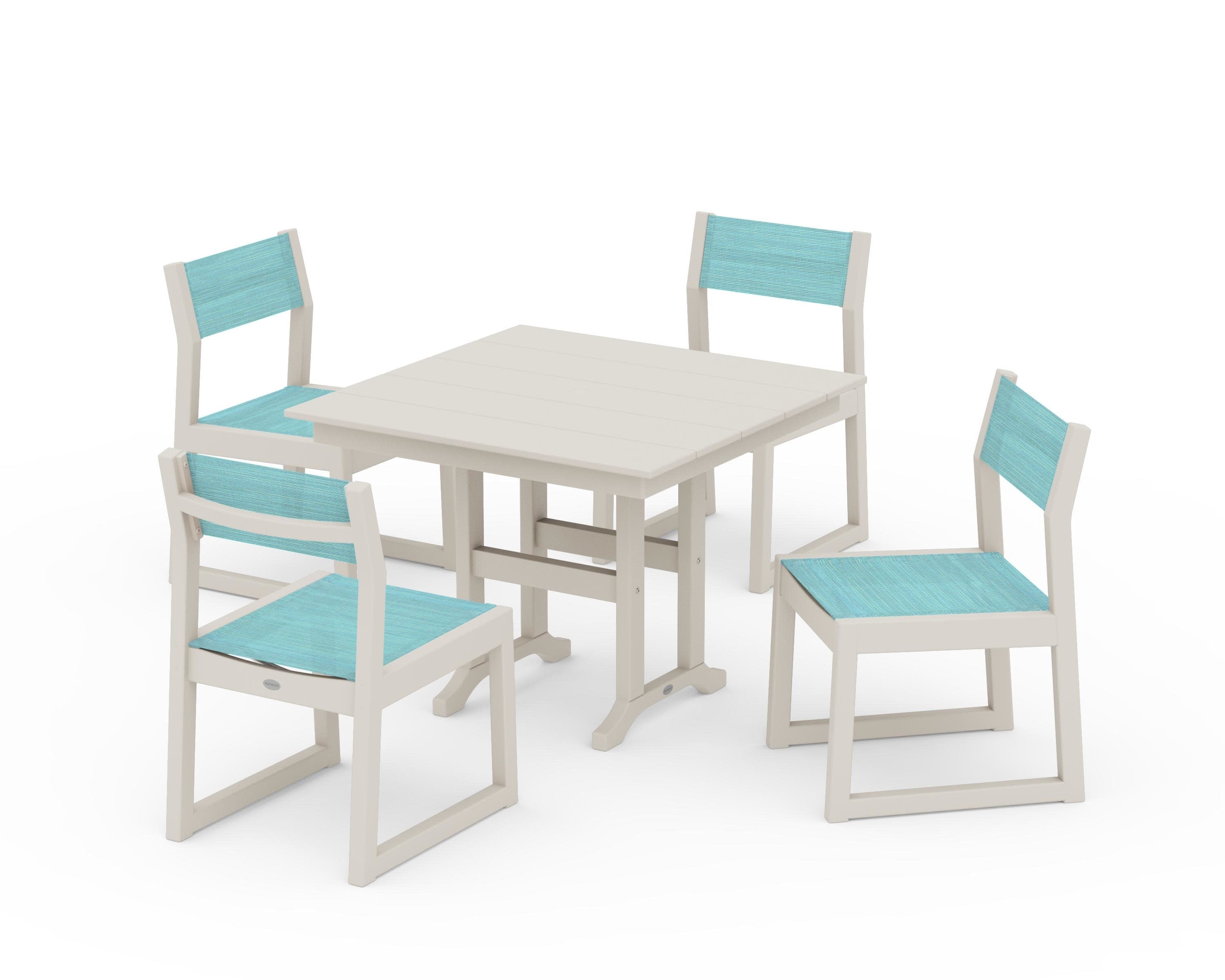 EDGE Sling Side Chair 5-Piece Farmhouse Dining Set in Sand / Dupioni Aquamarine Sling