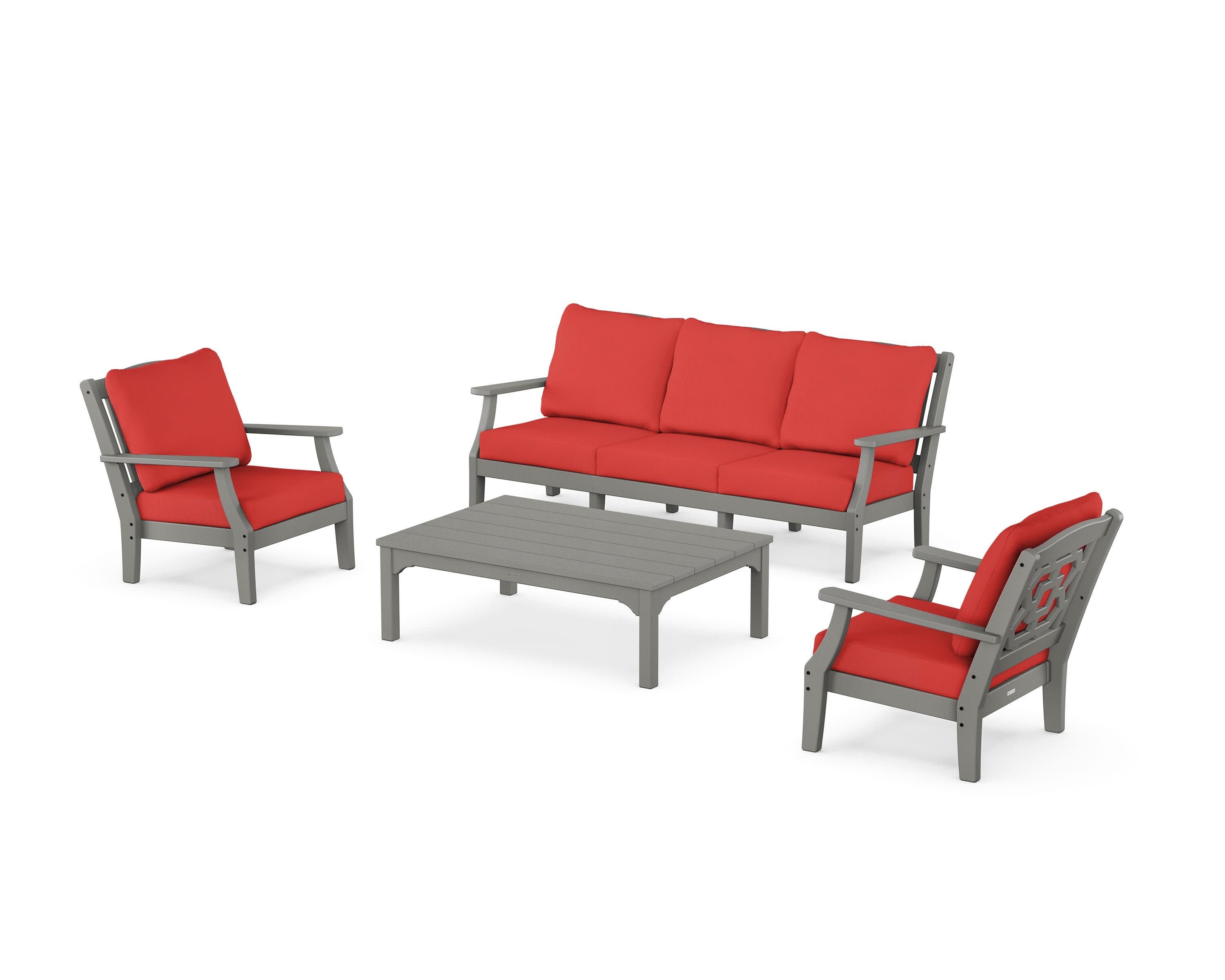 Chinoiserie 4-Piece Deep Seating Set with Sofa in Slate Grey / Crimson Linen