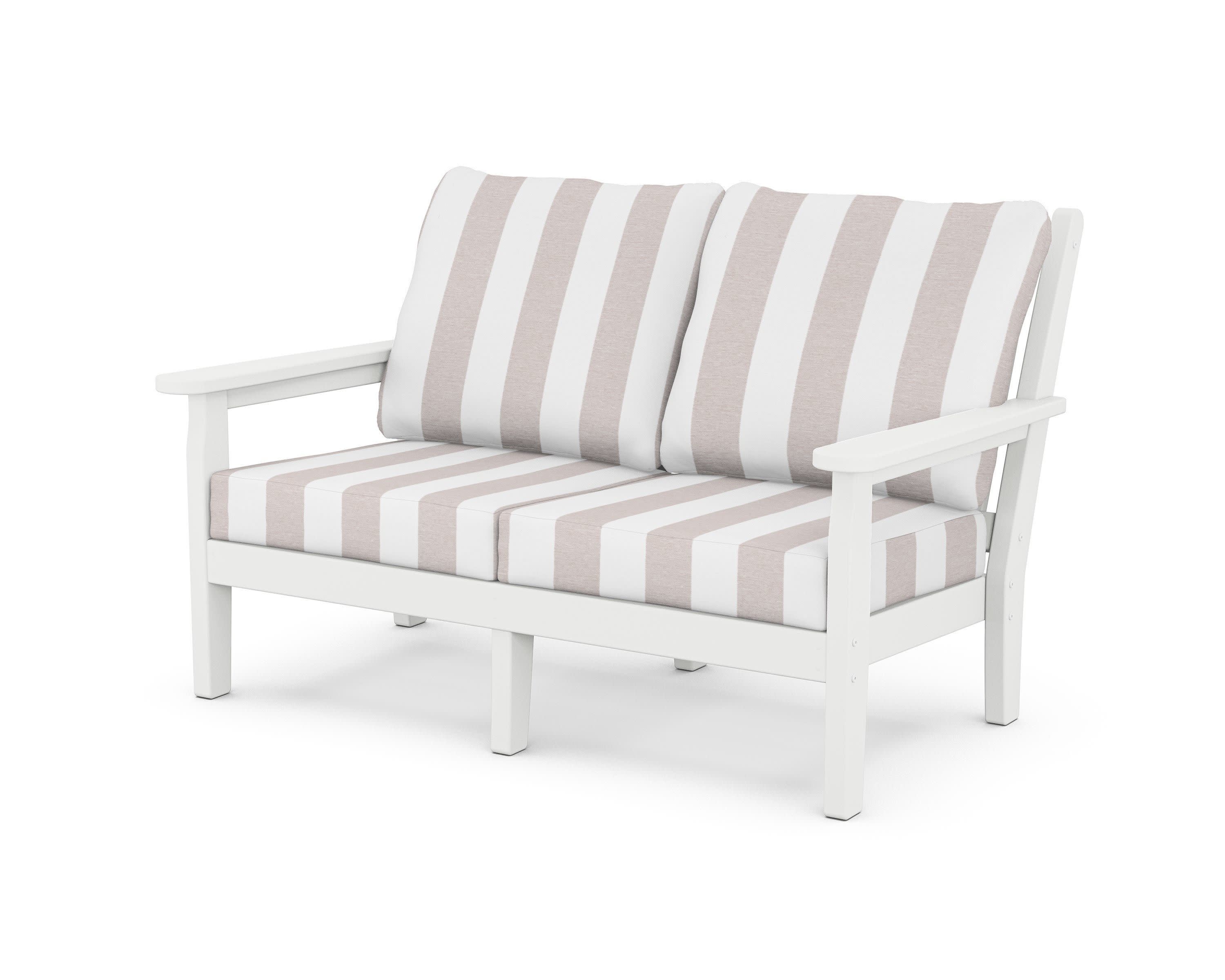 Chippendale Deep Seating Loveseat in White / Cabana Stripe Dune Burlap