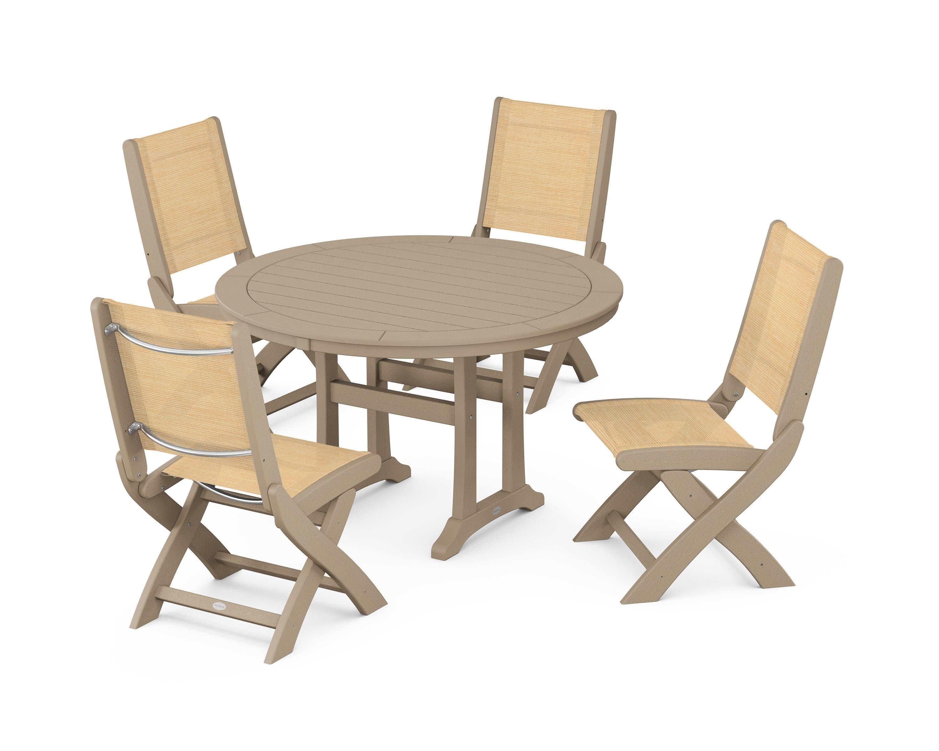 Coastal Folding Side Chair 5-Piece Round Dining Set With Trestle Legs in Vintage Sahara / Dupioni Apricot Sling