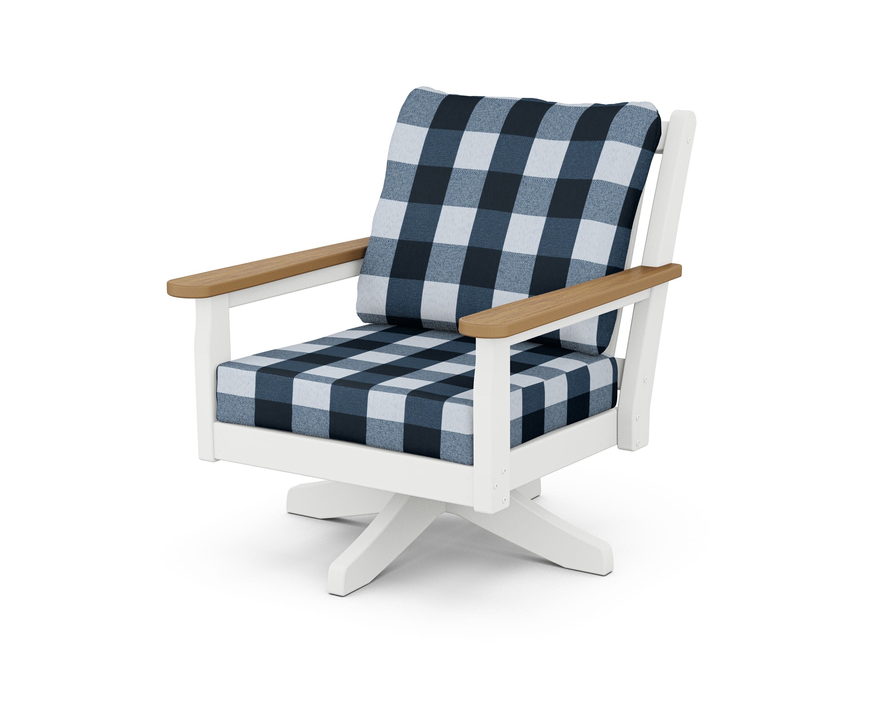 Chippendale Deep Seating Swivel Chair in White / Natural / Buffalo Plaid Marine Indigo