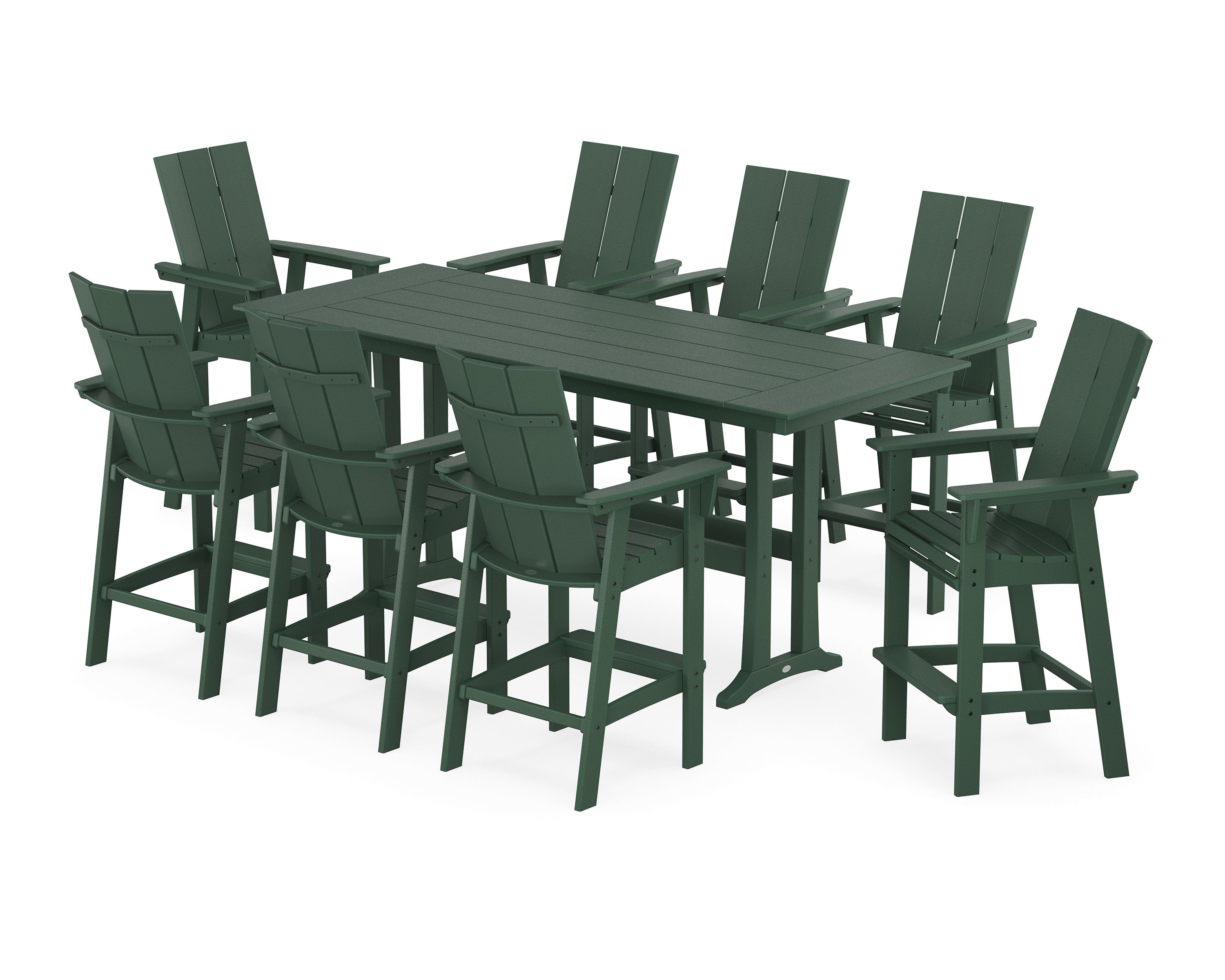 Modern Curveback Adirondack 9-Piece Farmhouse Bar Set with Trestle Legs in Green