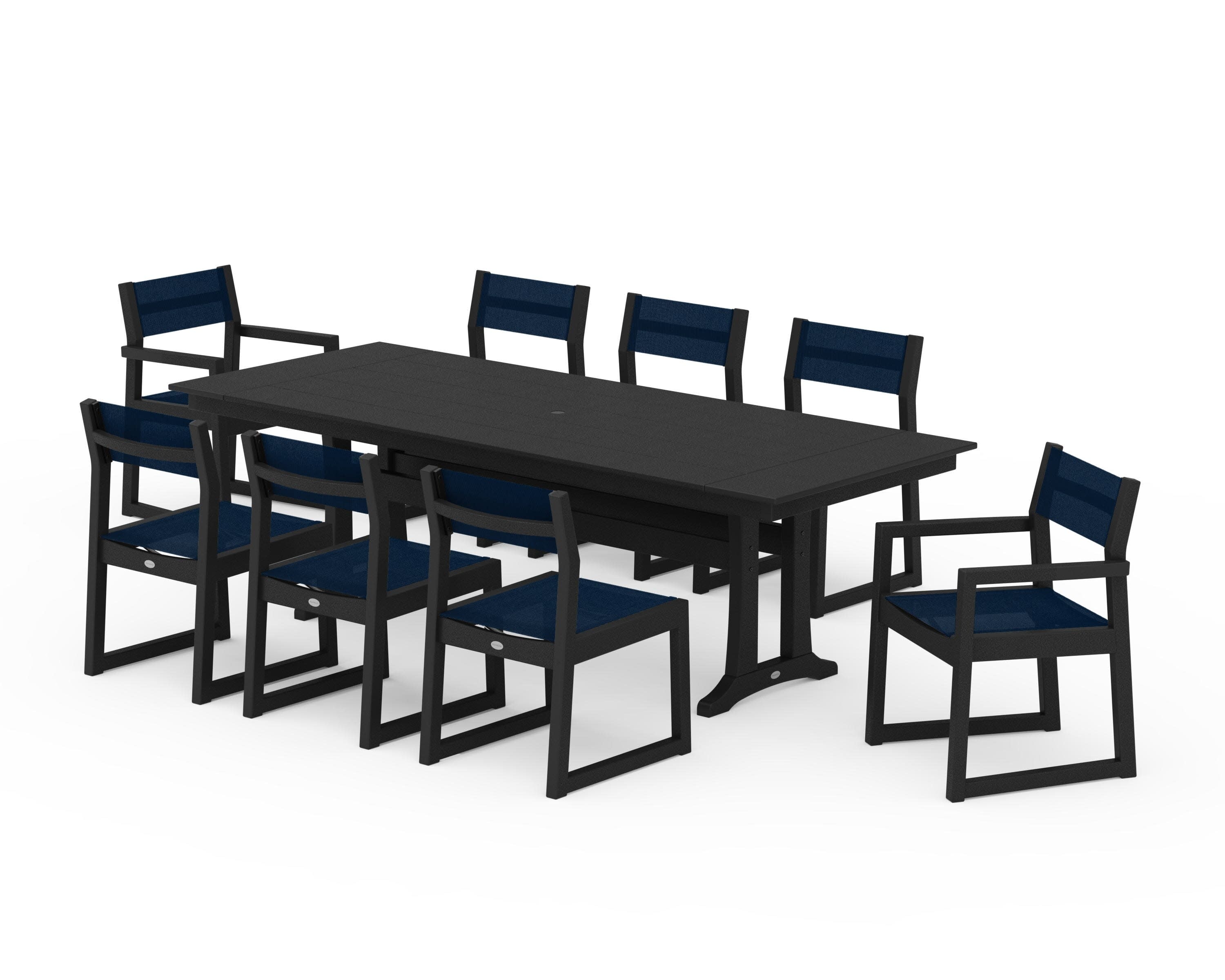 EDGE Sling 9-Piece Farmhouse Trestle Dining Set in Black / Navy Blue Sling