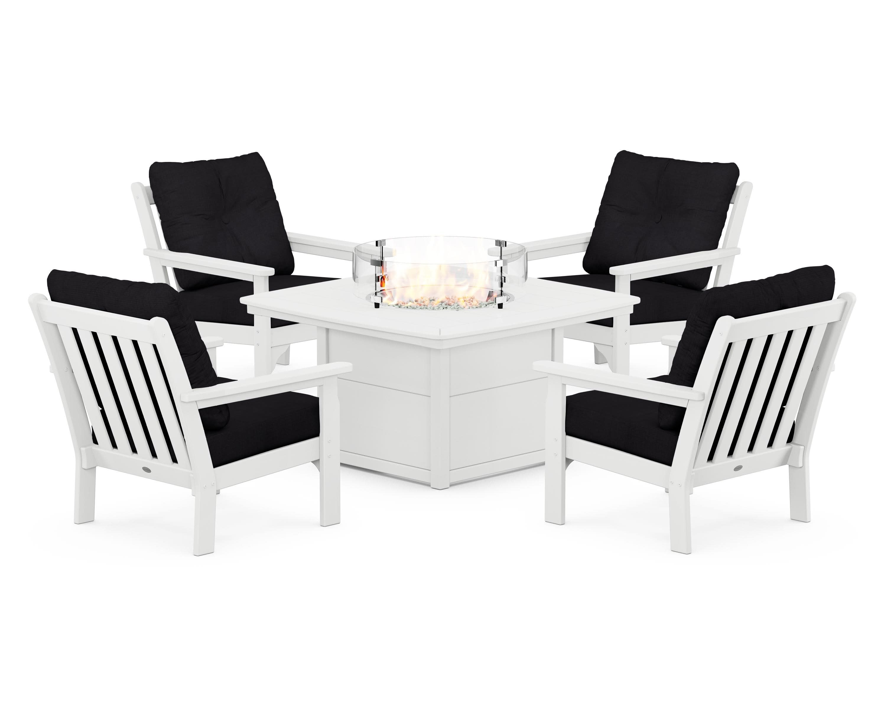 Vineyard 5-Piece Conversation Set with Fire Pit Table in White / Midnight Linen