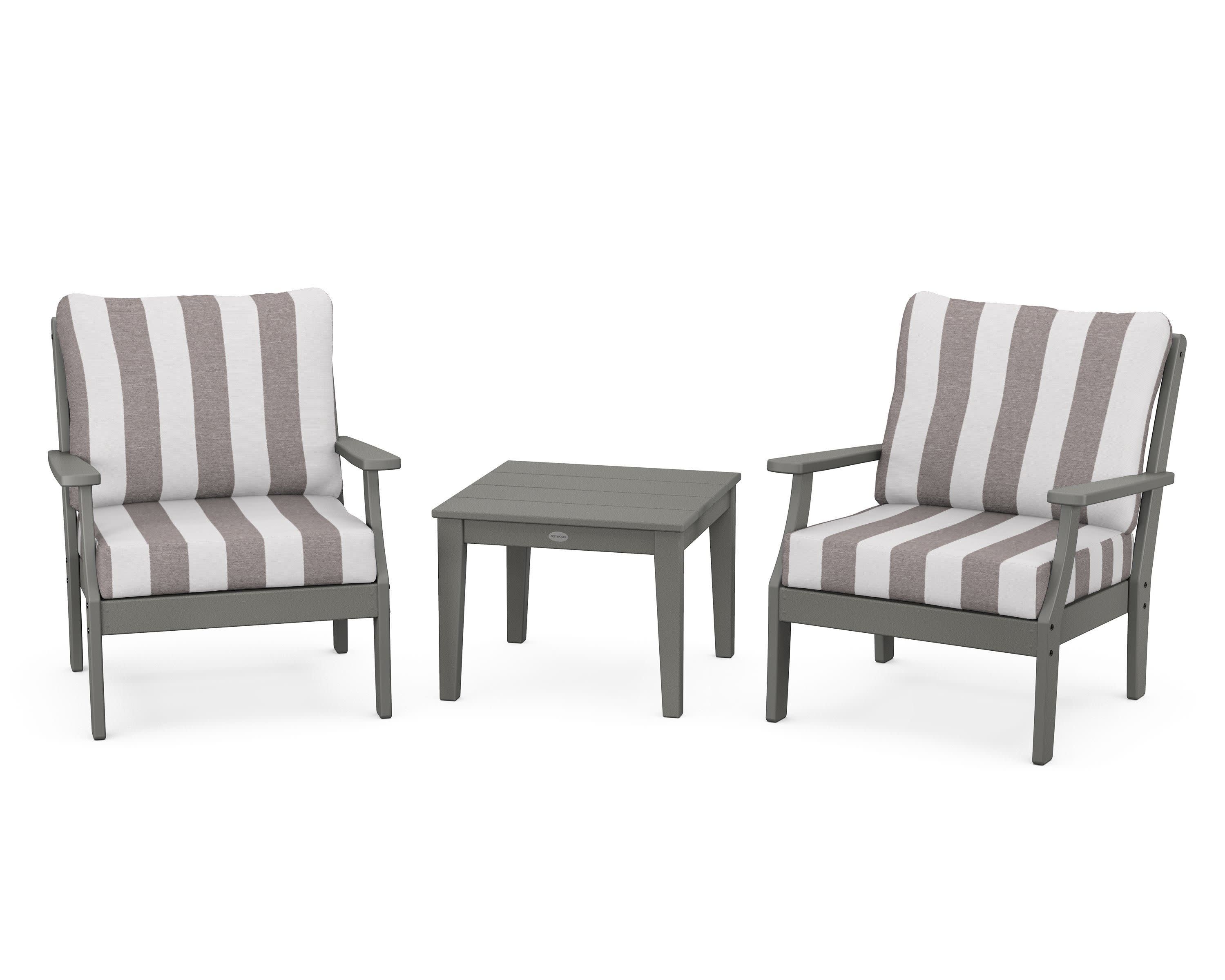Braxton 3-Piece Deep Seating Set in Slate Grey / Cabana Stripe Grey Mist