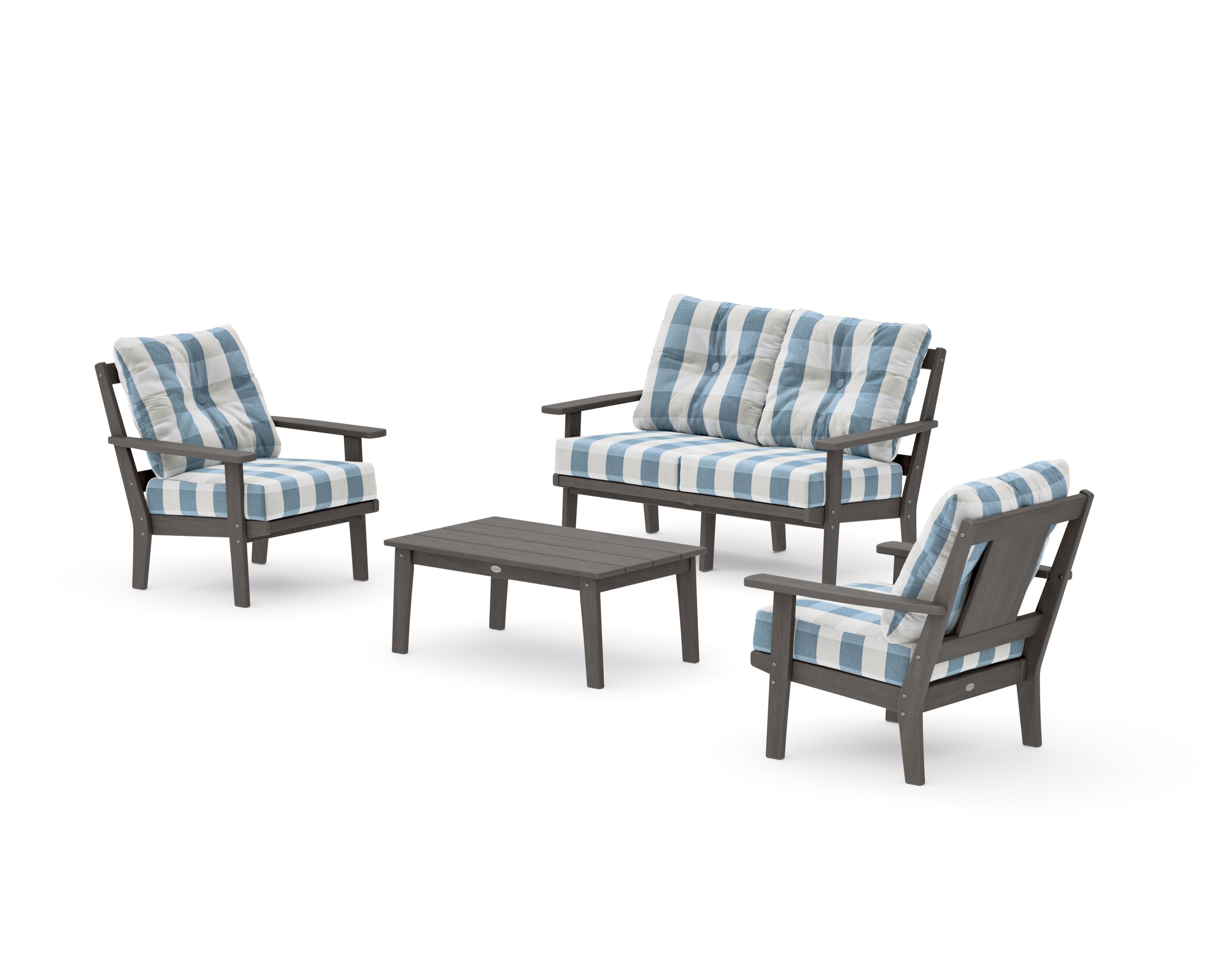 Prairie 4-Piece Deep Seating Set with Loveseat in Driftwood / Buffalo Plaid Sky Blue