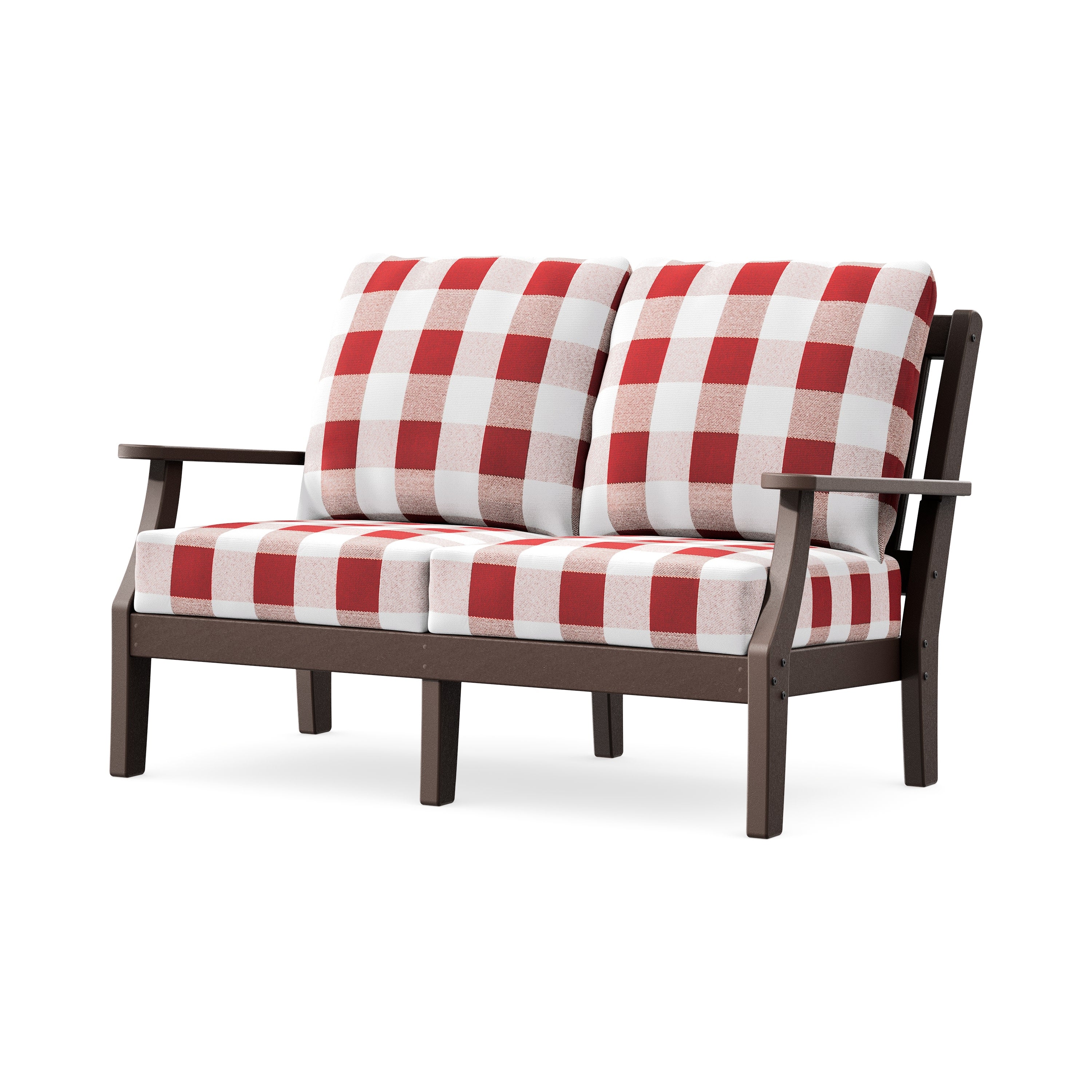 Chinoiserie Deep Seating Loveseat in Mahogany / Buffalo Plaid Crimson