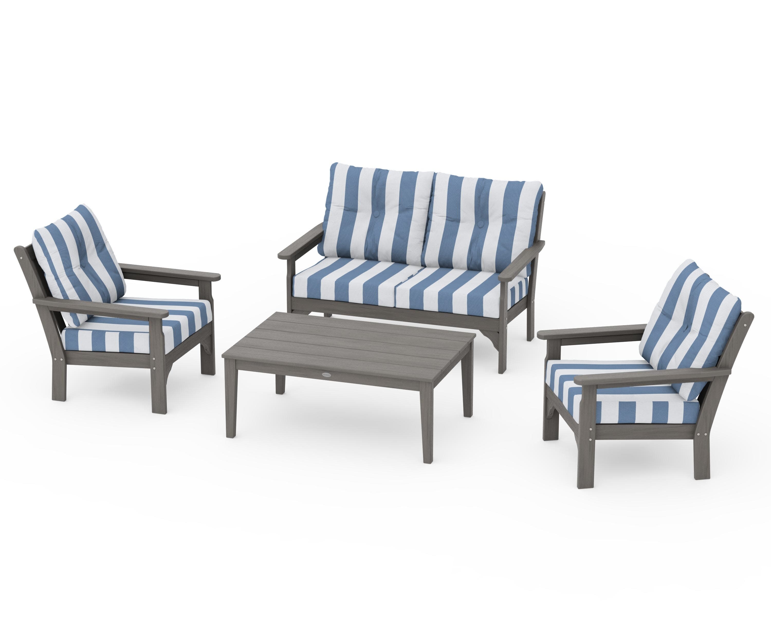 Vineyard 4-Piece Deep Seating Set in Driftwood / Cabana Stripe Sky Blue