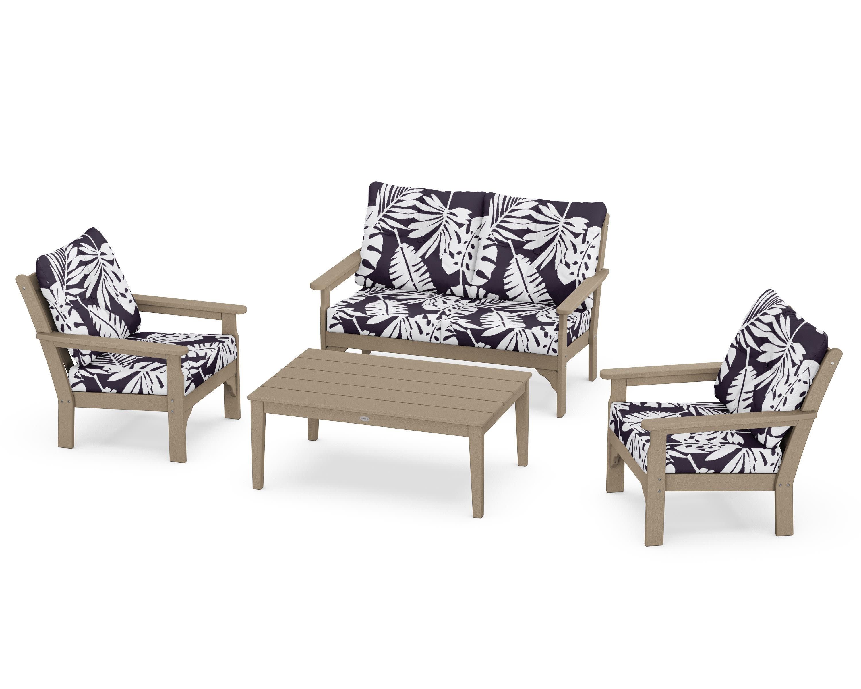 Vineyard 4-Piece Deep Seating Set in Vintage Sahara / Leaf Navy