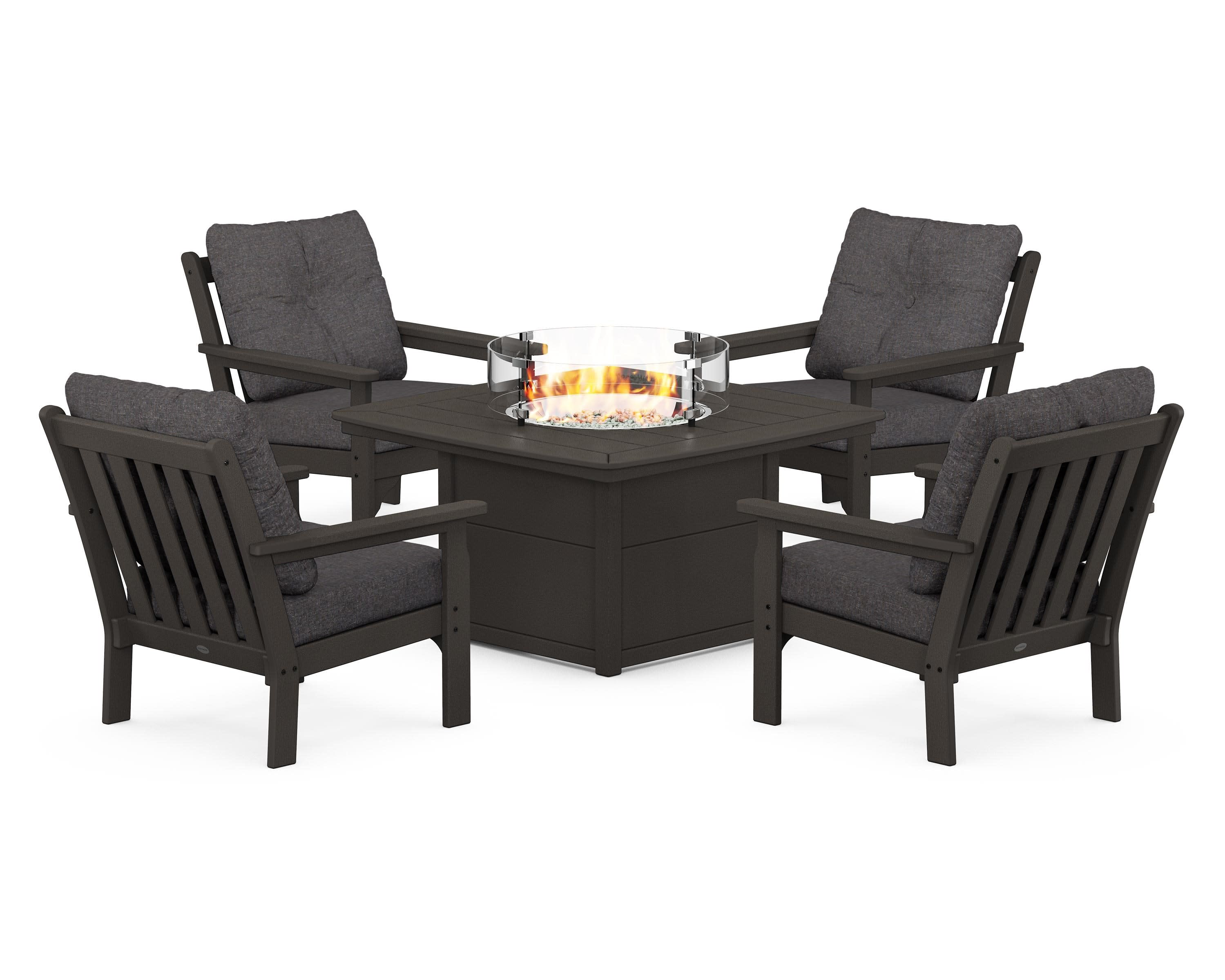 Vineyard 5-Piece Conversation Set with Fire Pit Table in Vintage Coffee / Ash Charcoal