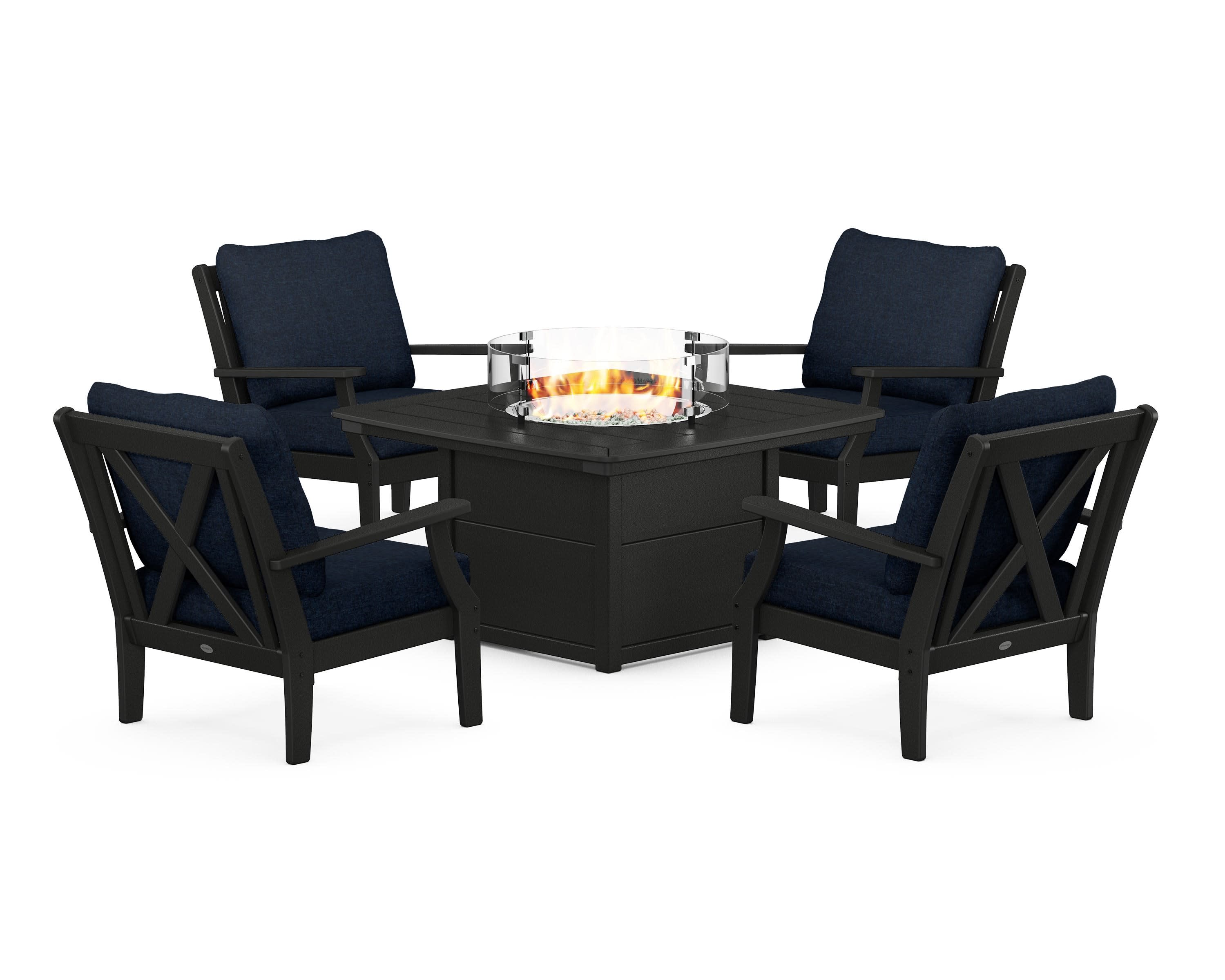 Braxton 5-Piece Deep Seating Conversation Set with Fire Pit Table in Black / Marine Indigo