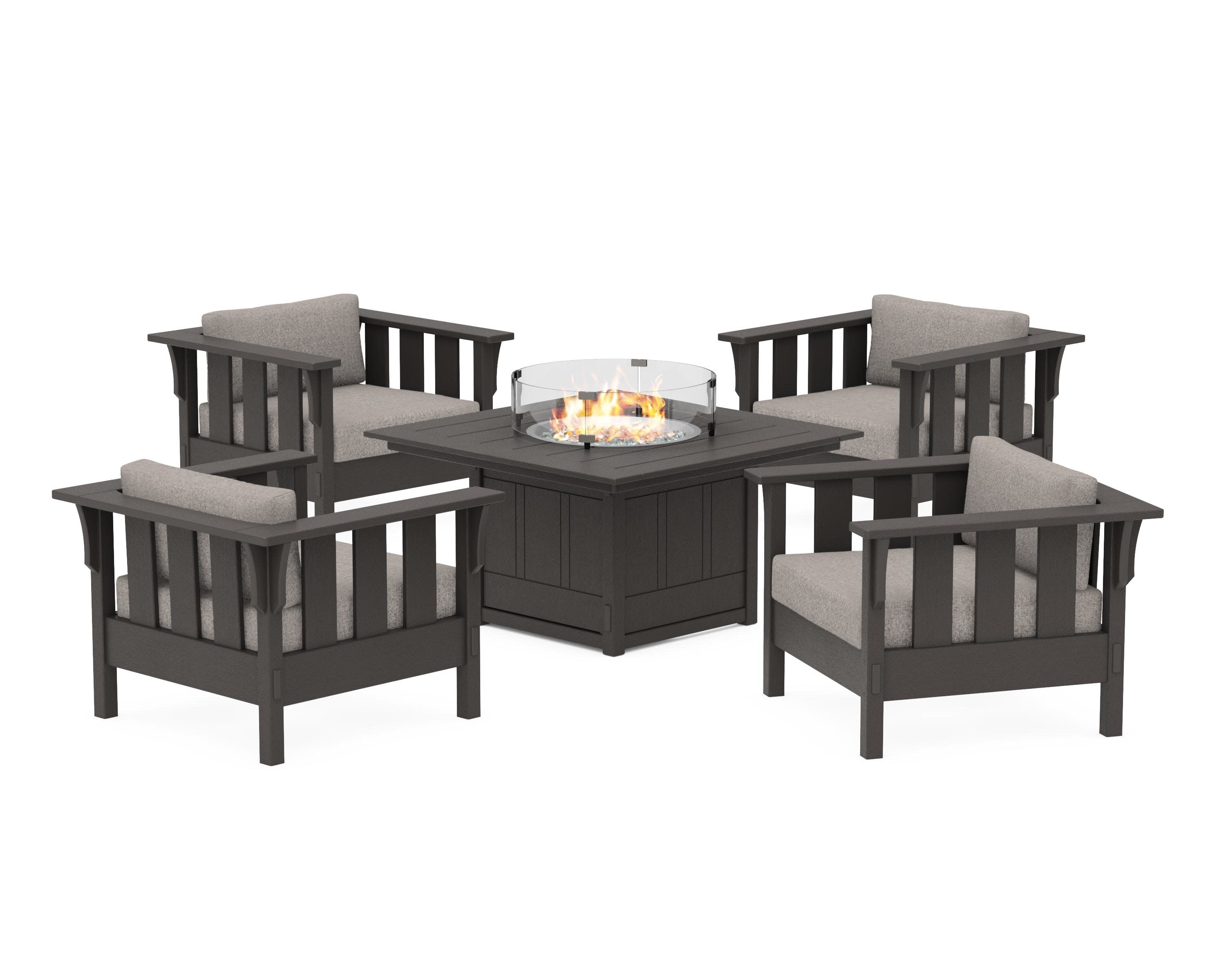 Acadia 5-Piece Deep Seating Set with Fire Pit Table in Vintage Coffee / Weathered Tweed