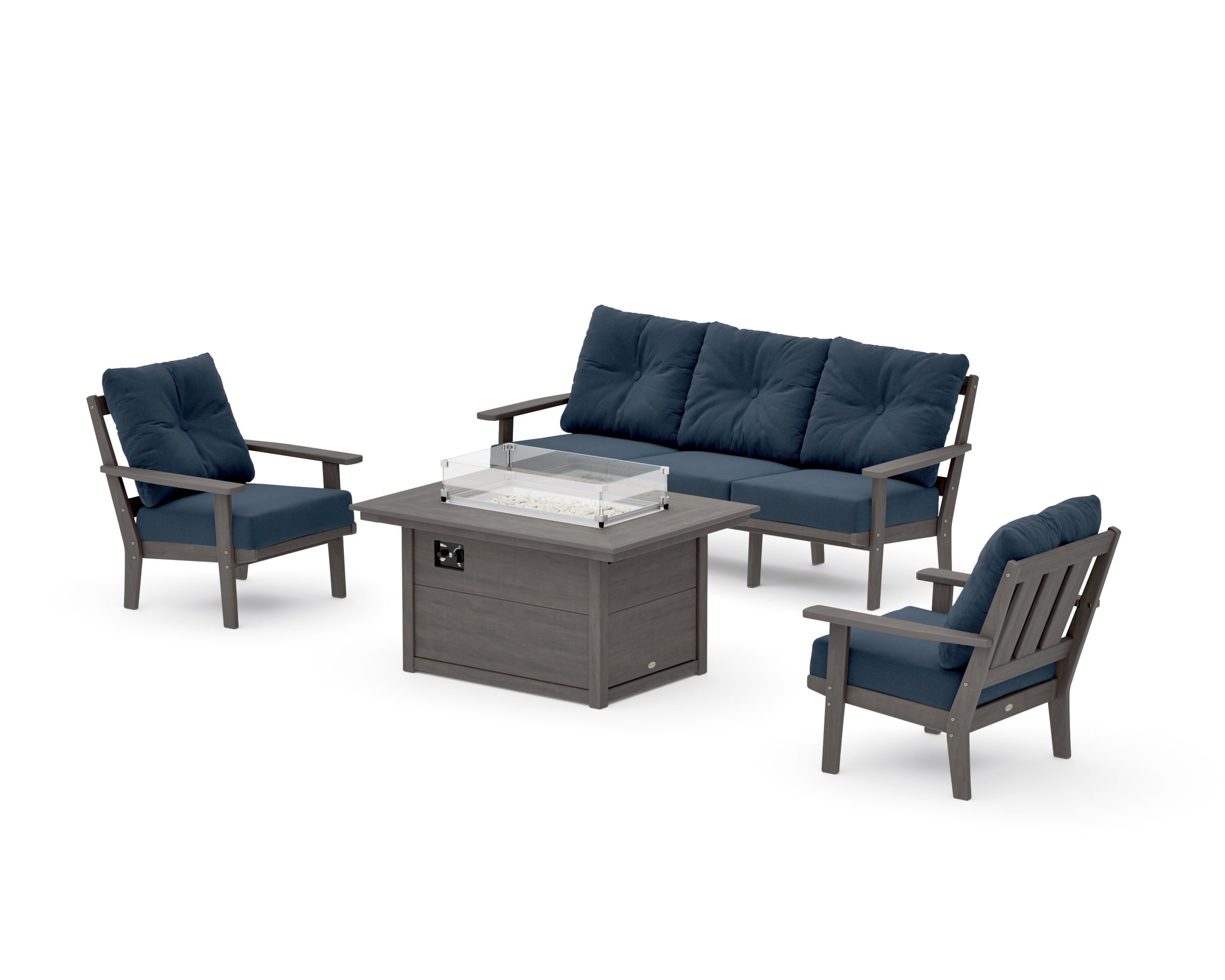 Oxford Deep Seating Fire Pit Table Set in Driftwood / Marine Indigo