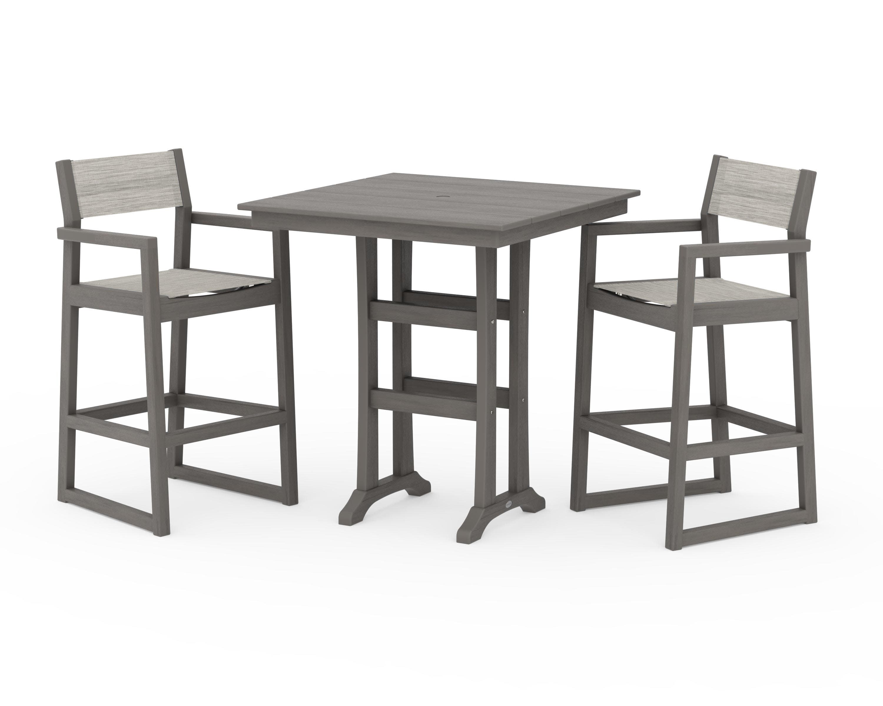 EDGE Sling Arm Chair 3-Piece Farmhouse Bar Set with Trestle Legs in Driftwood / Birch Sling