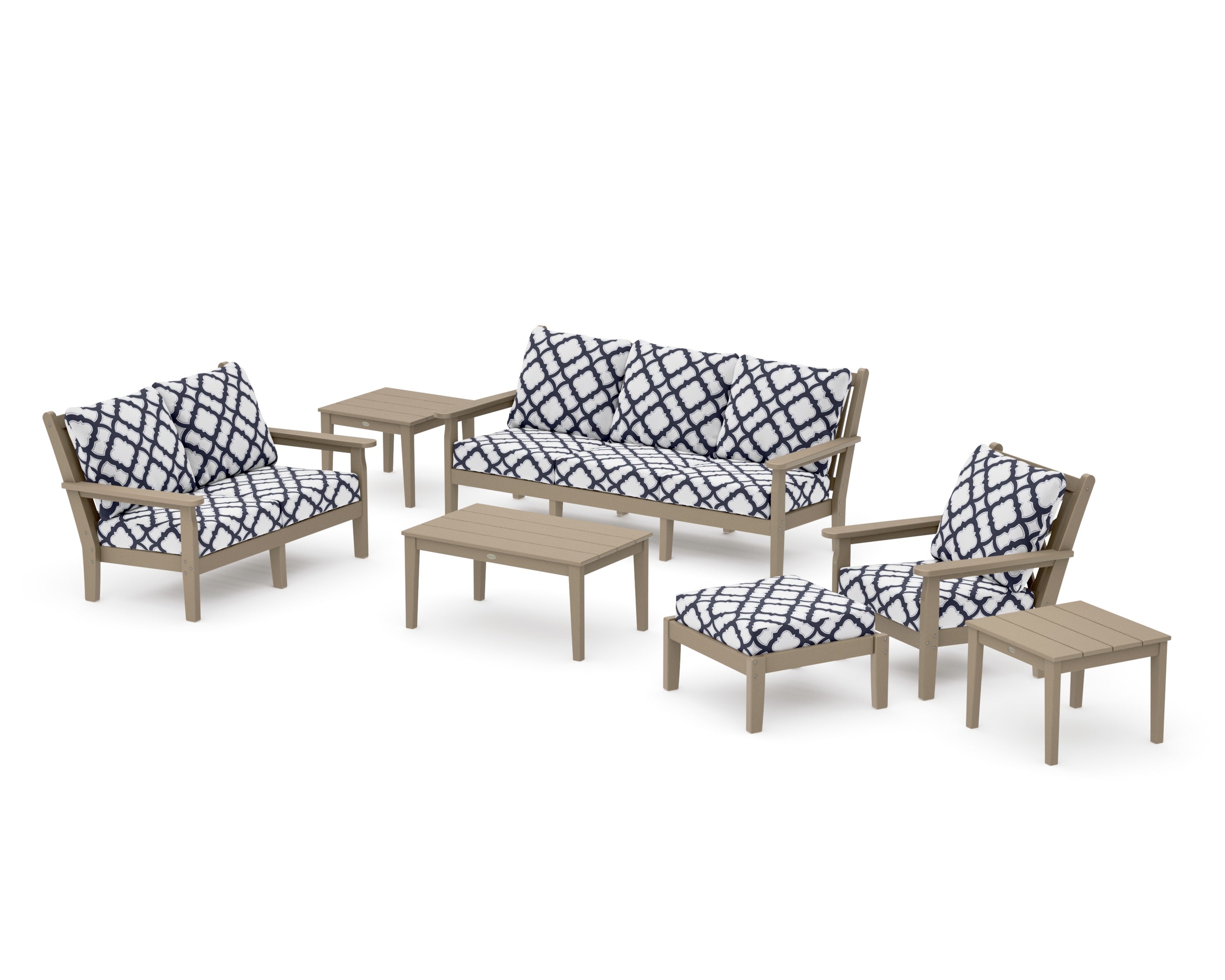 Chippendale 7-Piece Deep Seating Set in Vintage Sahara / Trellis Navy