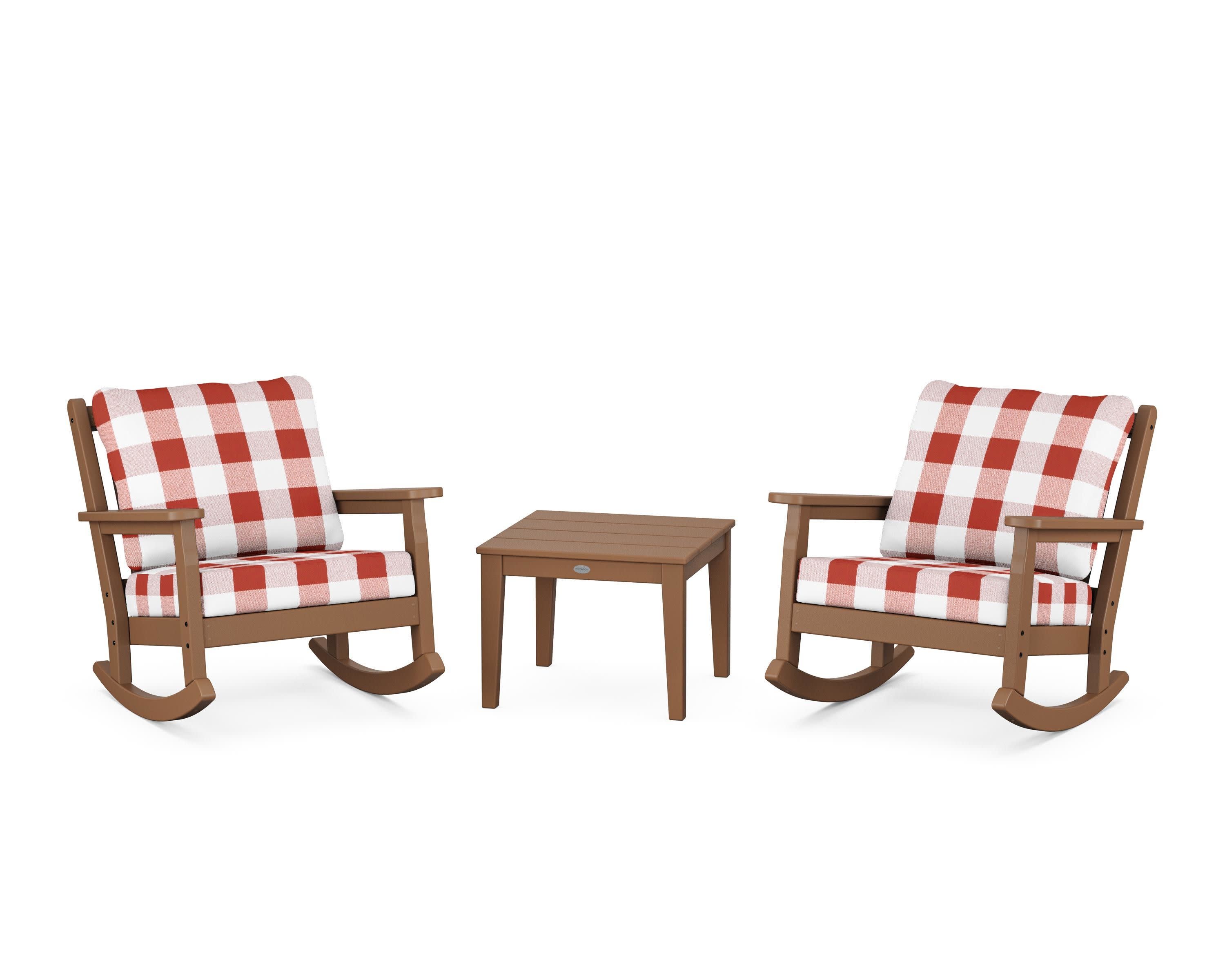 Chippendale 3-Piece Deep Seating Rocker Set in Teak / Buffalo Plaid Crimson