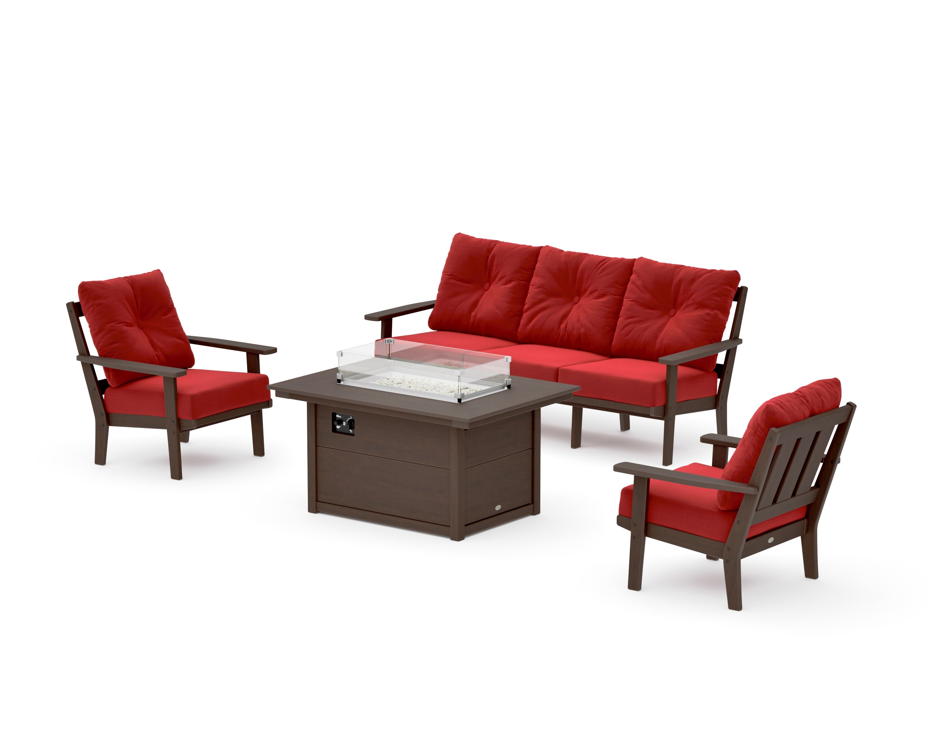 Oxford Deep Seating Fire Pit Table Set in Kona / Crimson Linen