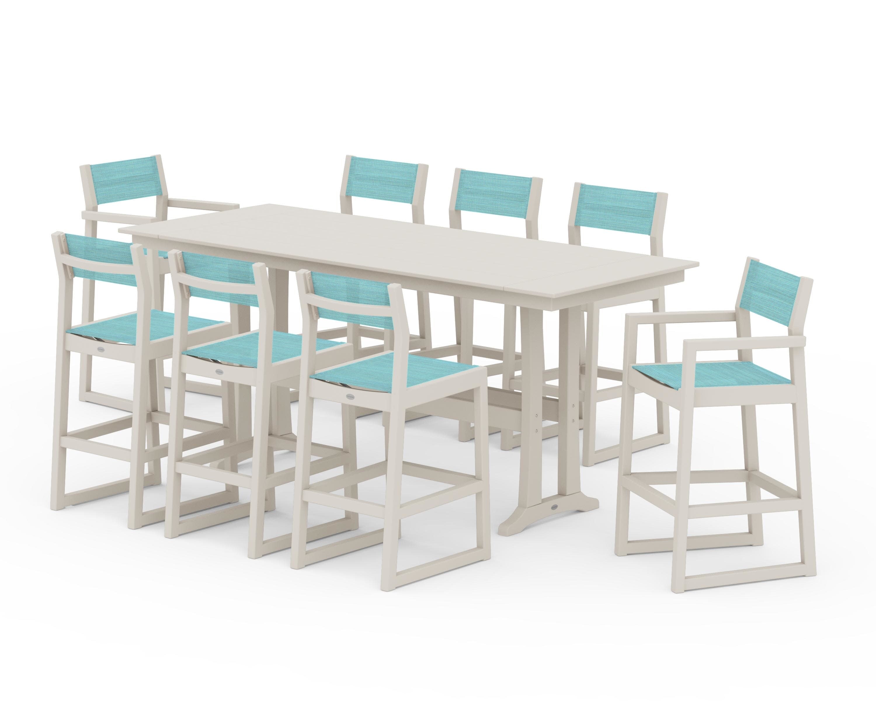 EDGE Sling 9-Piece Farmhouse Bar Set with Trestle Legs in Sand / Dupioni Aquamarine Sling