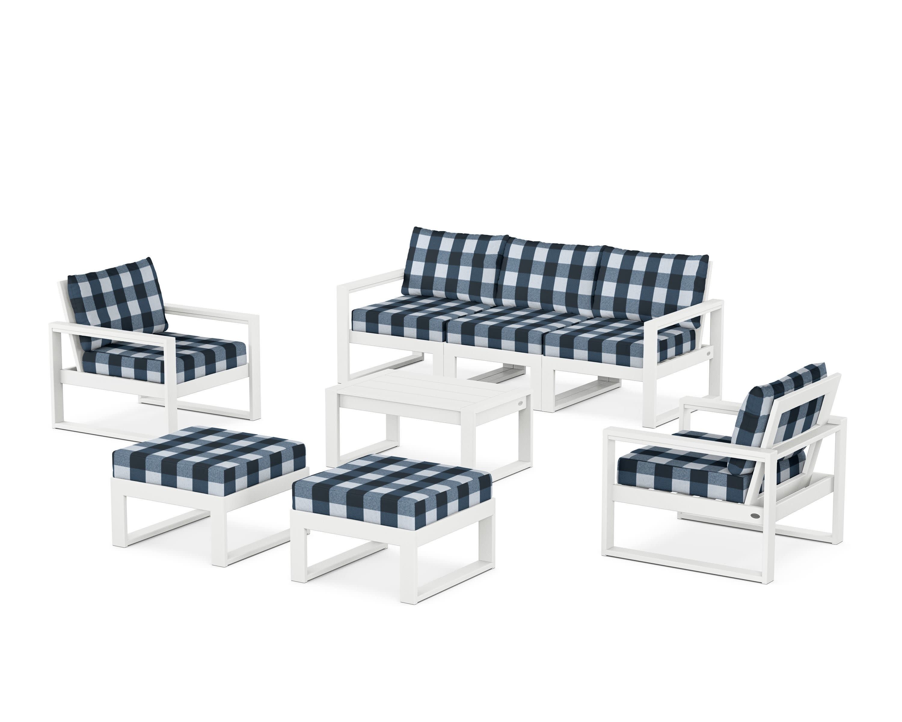 EDGE Sectional 8-Piece Lounge Sofa Set in White / Buffalo Plaid Marine Indigo