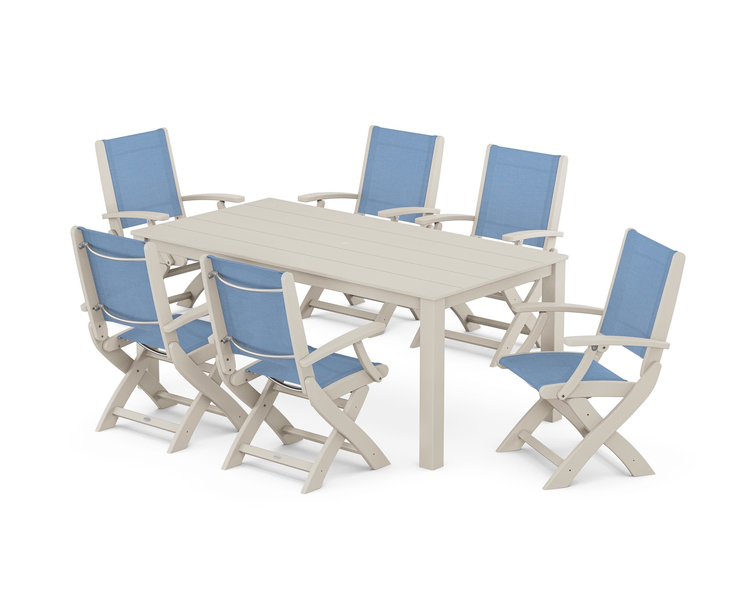 Coastal Folding Chair 7-Piece Parsons Dining Set in Sand / Poolside Sling