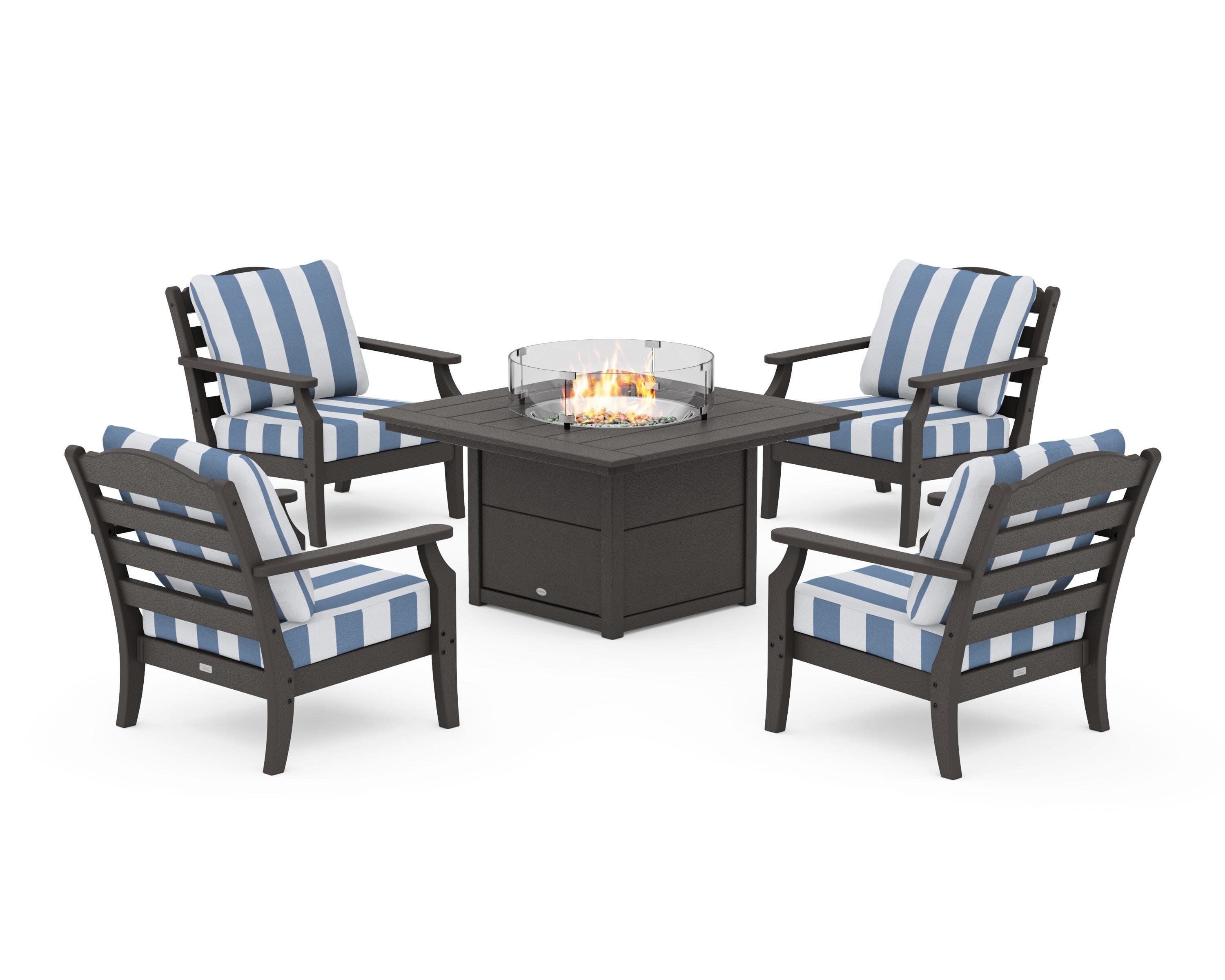 Savannah 5-Piece Deep Seating Set with Fire Pit Table in Vintage Coffee / Cabana Stripe Sky Blue