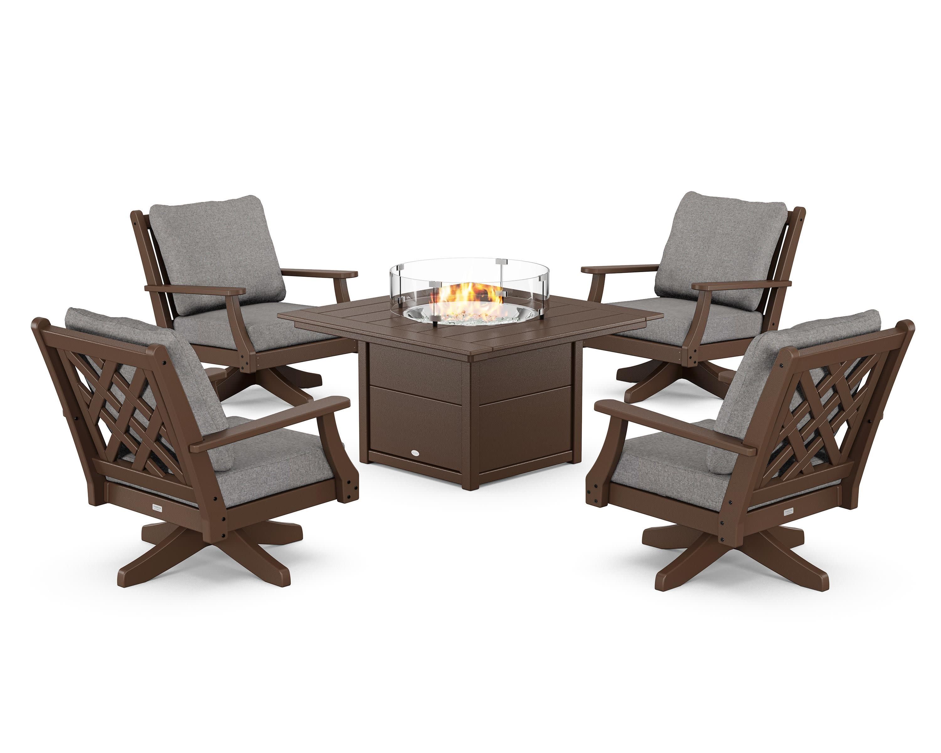 Wovendale 5-Piece Deep Seating Swivel Conversation Set with Fire Pit Table in Mahogany / Grey Mist