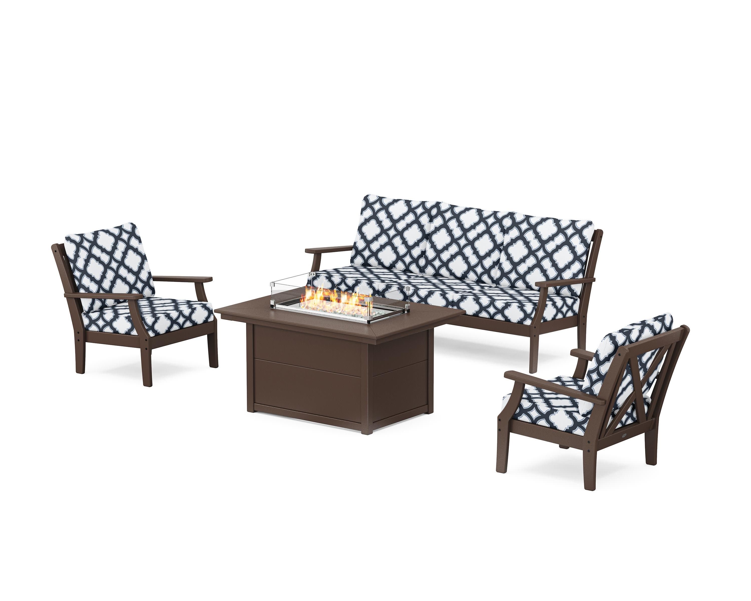 Braxton Deep Seating Fire Pit Table Set in Mahogany / Trellis Marine Indigo