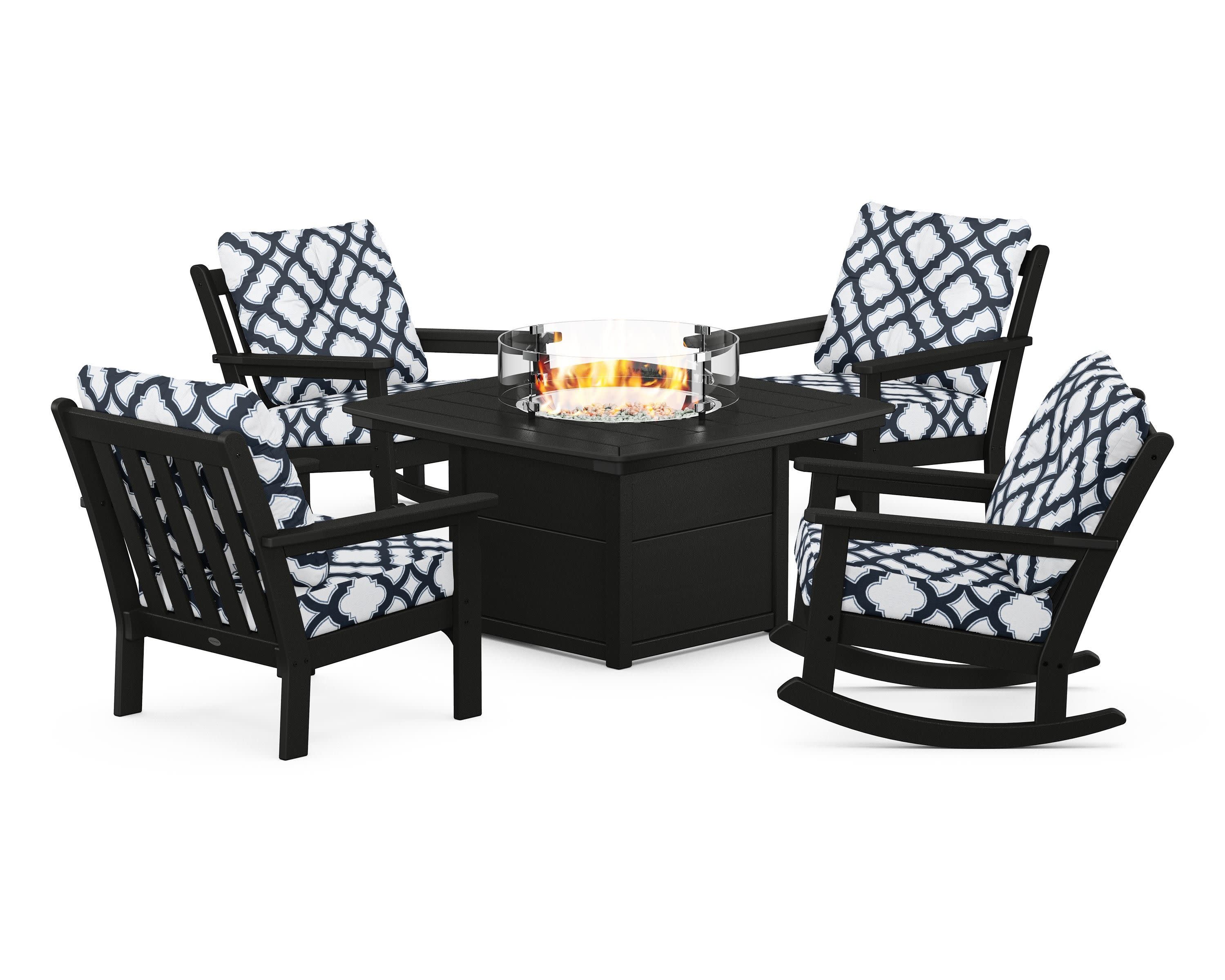 Vineyard 5-Piece Deep Seating Rocking Chair Conversation Set with Fire Pit Table in Black / Trellis Marine Indigo