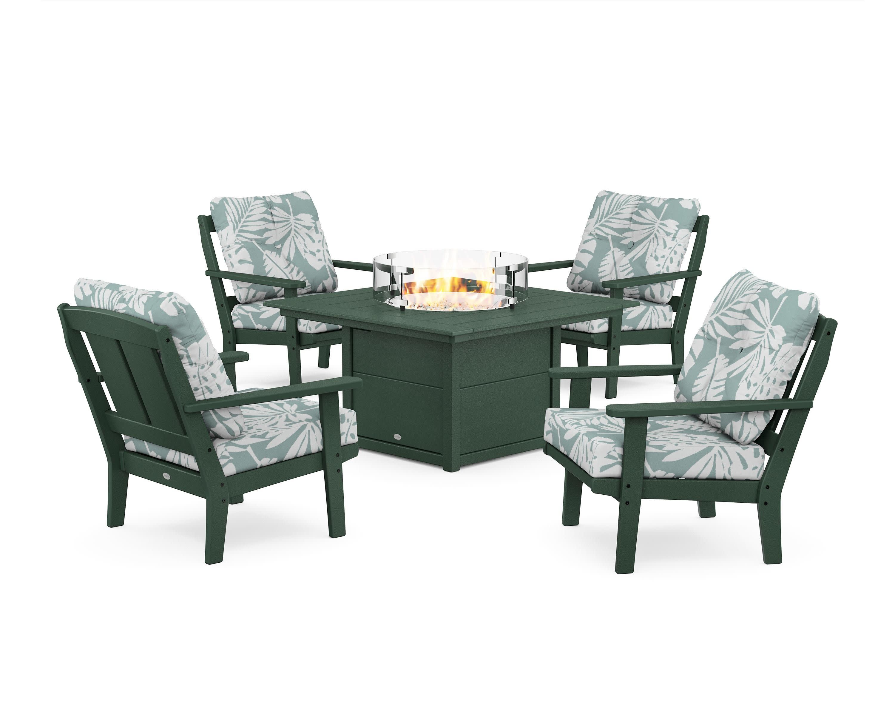 Mission 5-Piece Deep Seating Set with Fire Pit Table in Green / Leaf Glacier Spa