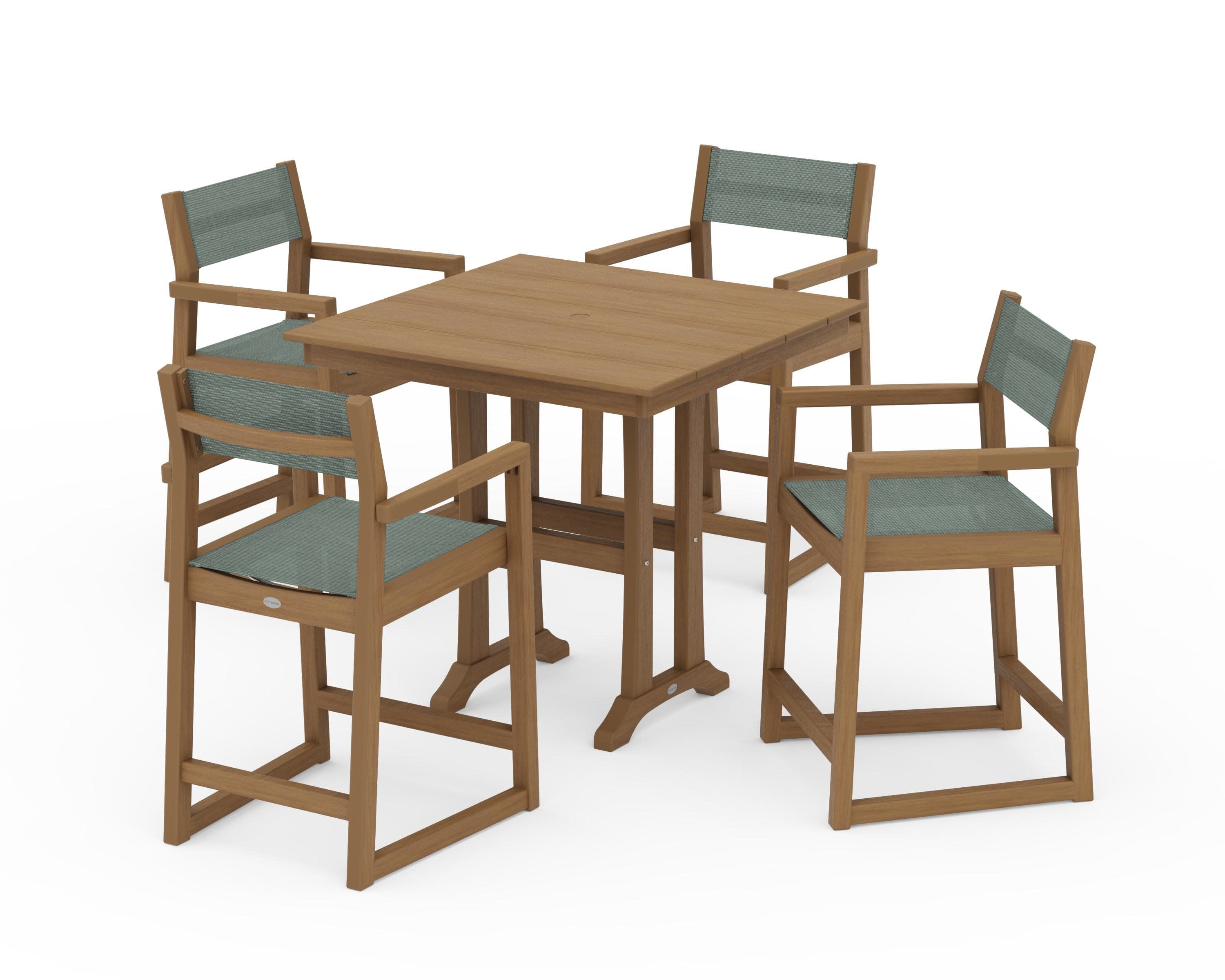 EDGE Sling Arm Chair 5-Piece Farmhouse Counter Set with Trestle Legs in Natural / Dupioni Sea Mist Sling