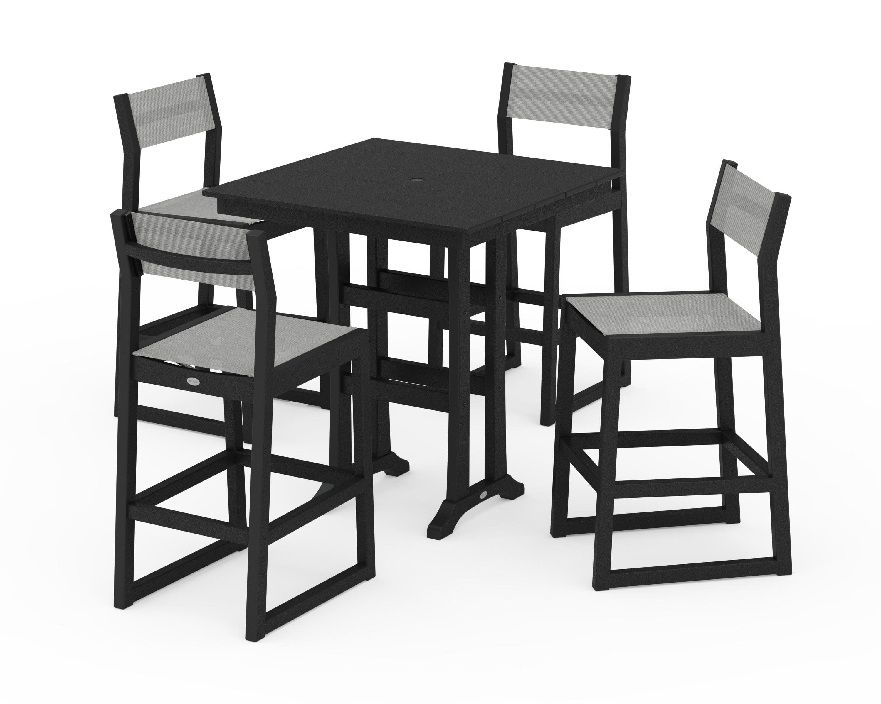 EDGE Sling Arm Chair 5-Piece Farmhouse Bar Set with Trestle Legs in Black / Metallic Sling