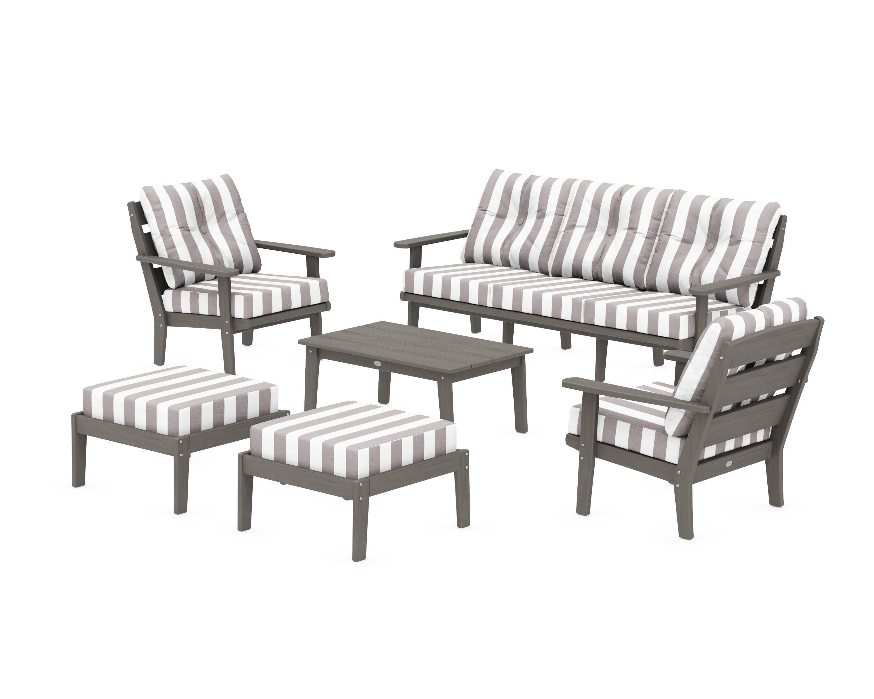 Lakeside 6-Piece Lounge Sofa Set in Driftwood / Cabana Stripe Grey Mist