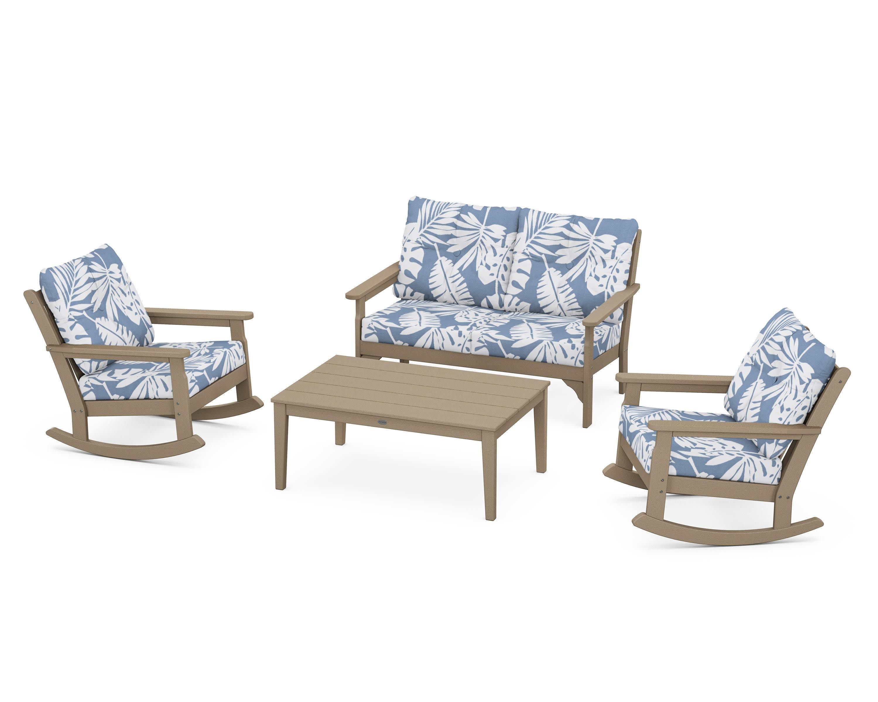 Vineyard 4-Piece Deep Seating Rocking Chair Set in Vintage Sahara / Leaf Sky Blue
