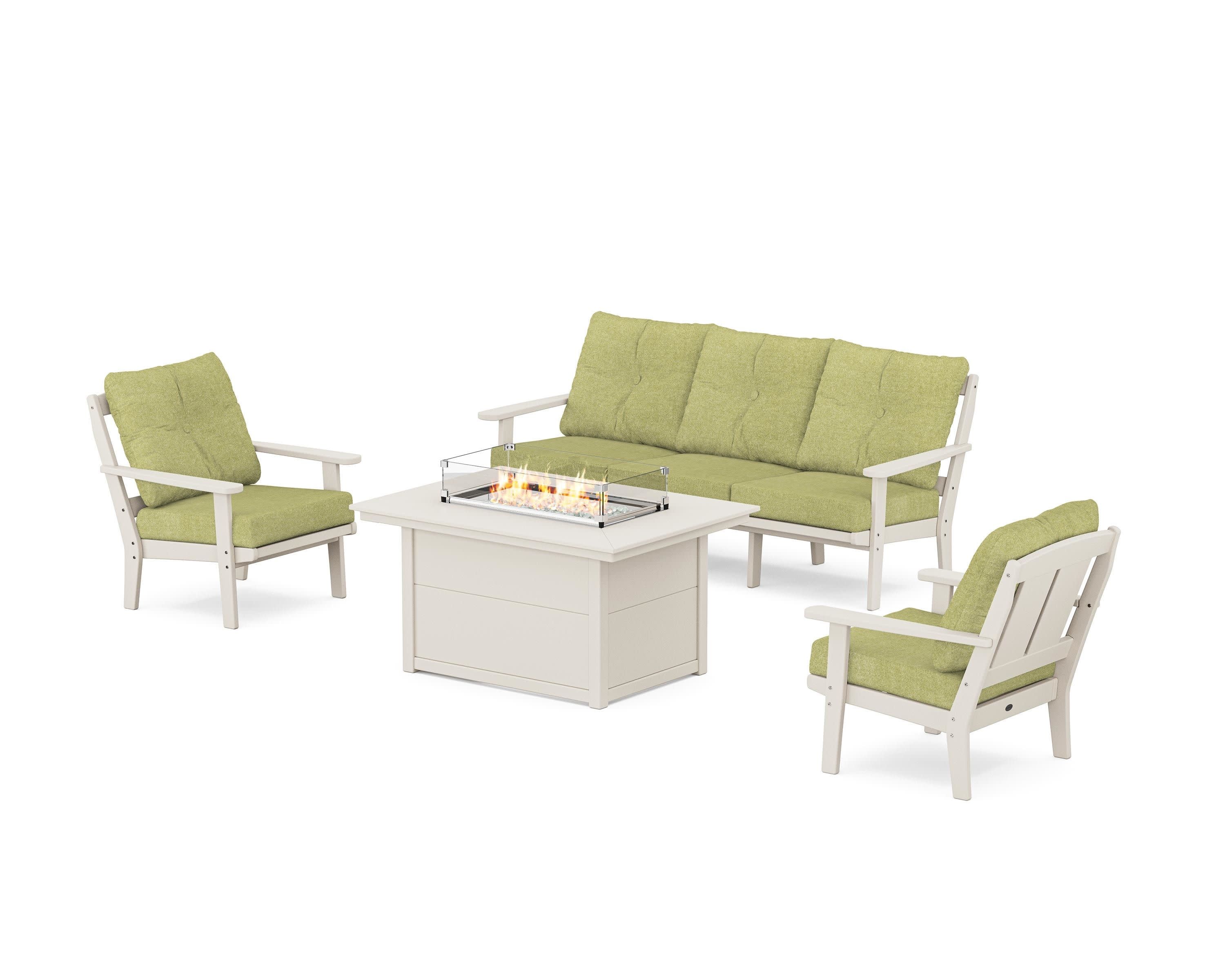 Mission Deep Seating Fire Pit Table Set in Sand / Chartreuse Boucle