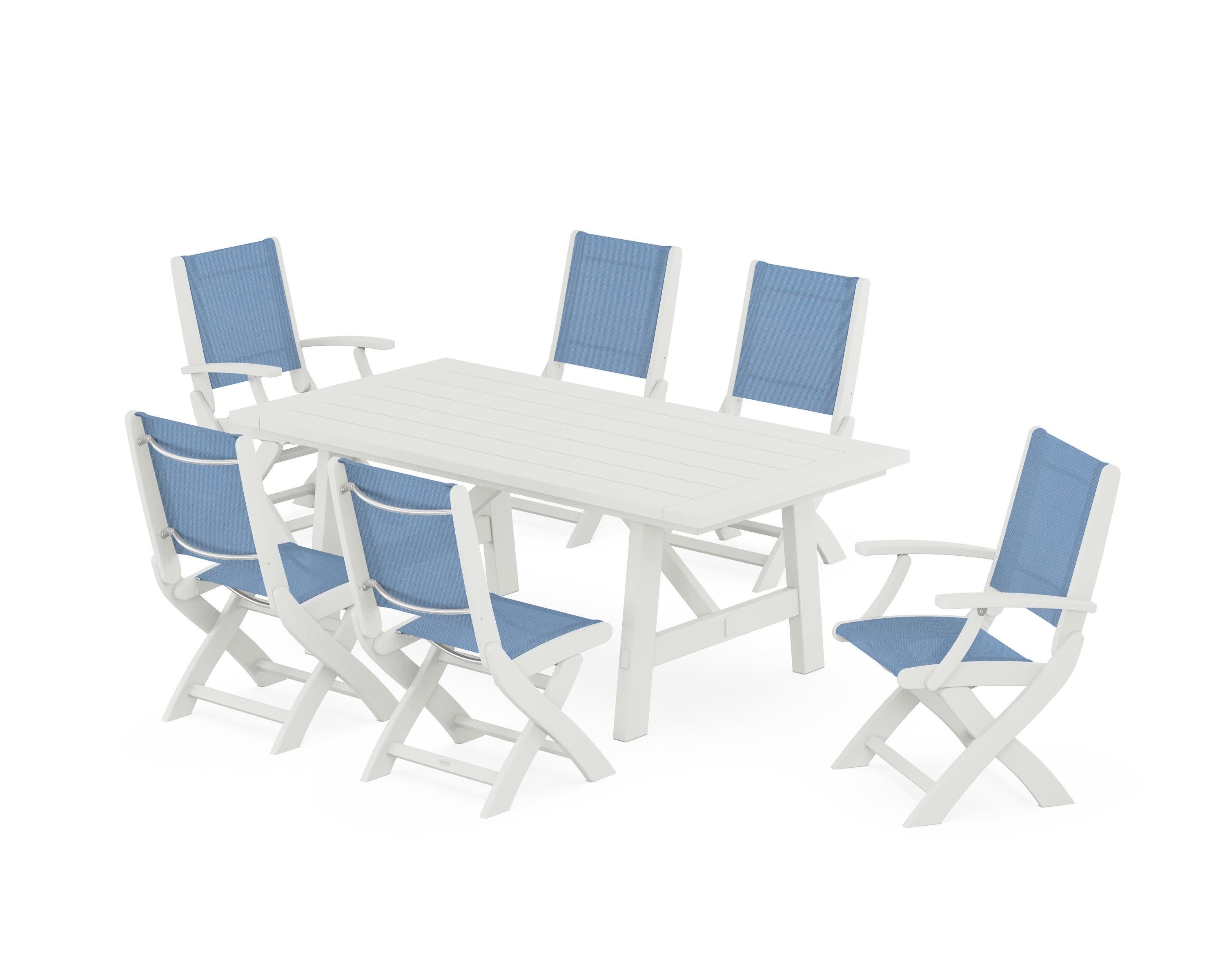 Coastal Folding Chair 7-Piece Rustic Farmhouse Dining Set in Vintage White / Poolside Sling