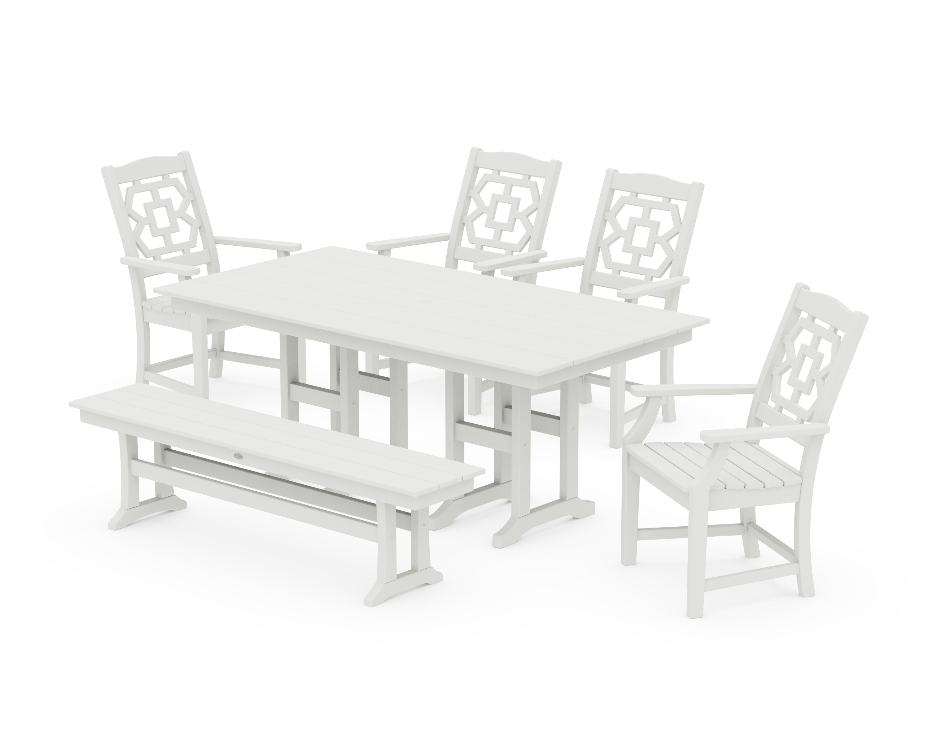 Chinoiserie 6-Piece Farmhouse Dining Set with Bench in Vintage White