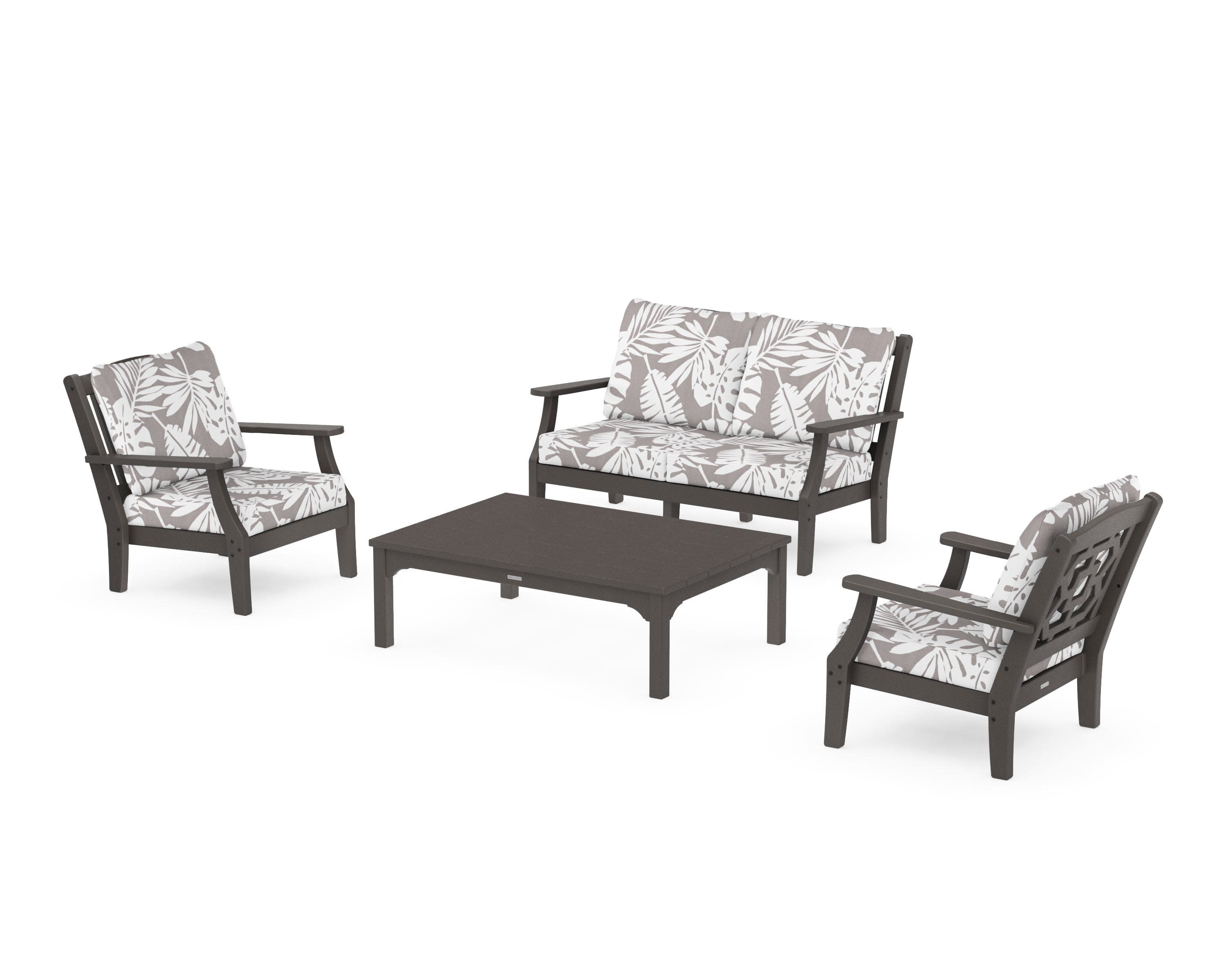 Chinoiserie 4-Piece Deep Seating Set with Loveseat in Vintage Coffee / Leaf Grey Mist