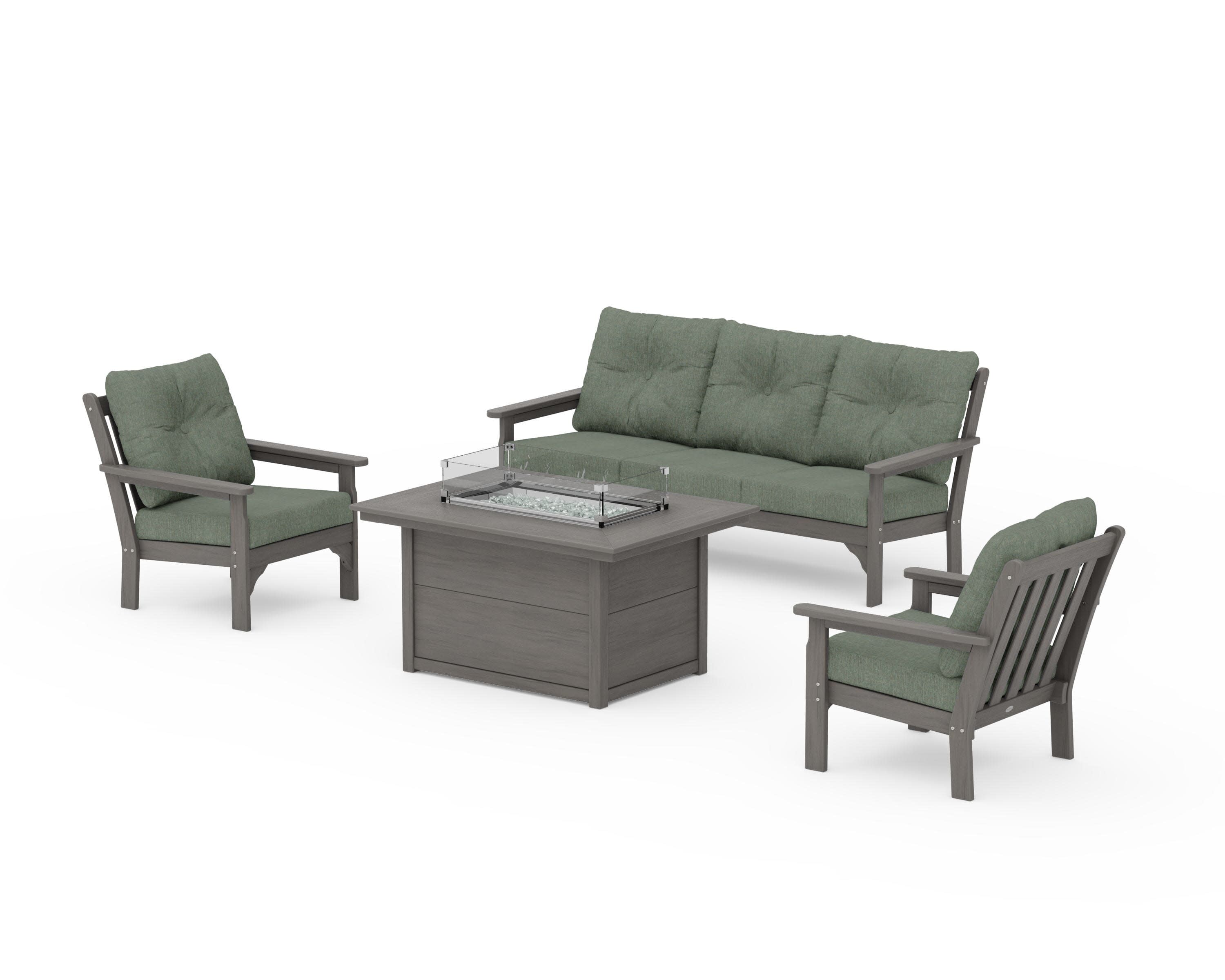 Vineyard Deep Seating Fire Pit Table Set in Driftwood / Cast Sage