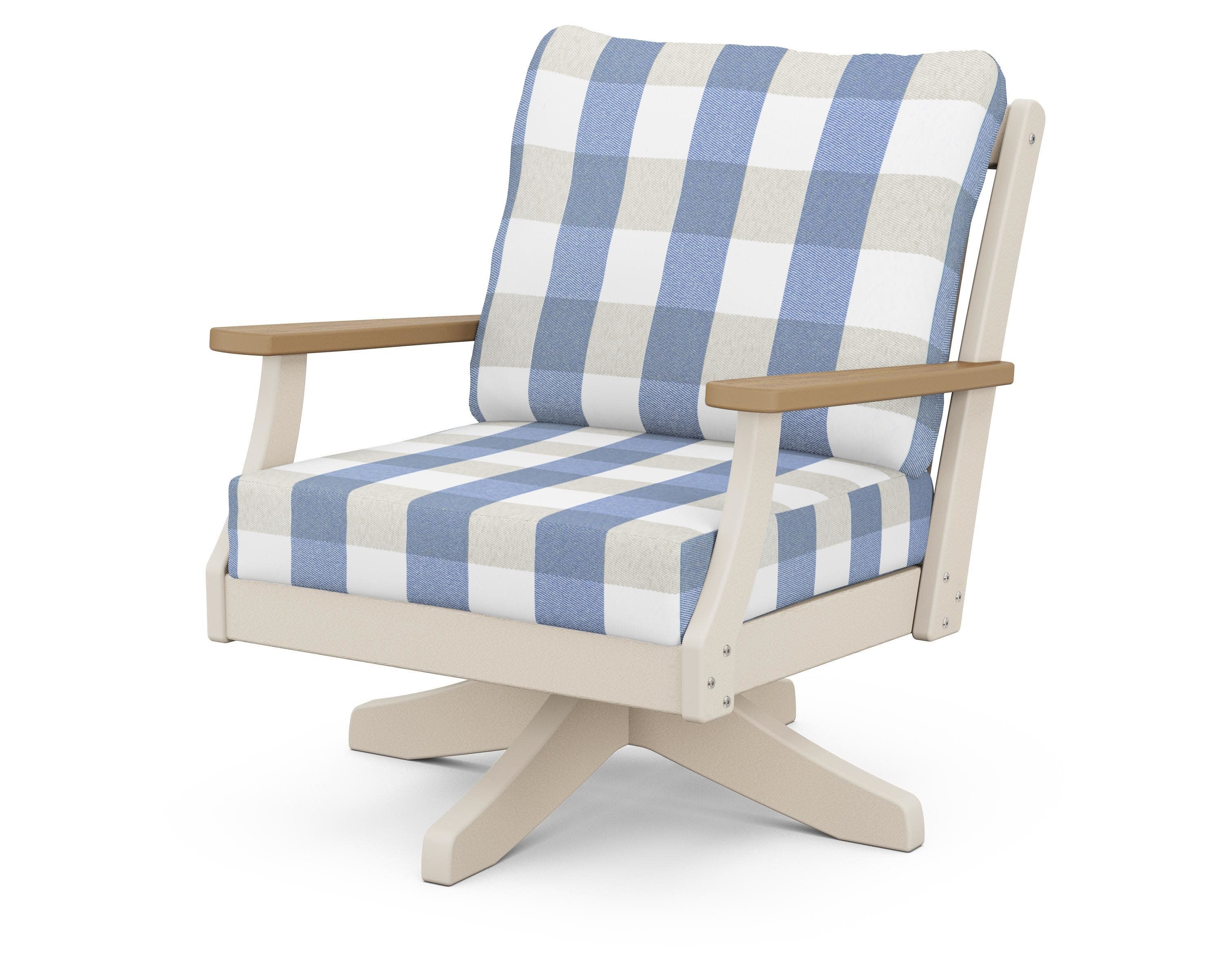 Braxton Deep Seating Swivel Chair in Sand / Natural / Buffalo Plaid Sky Blue