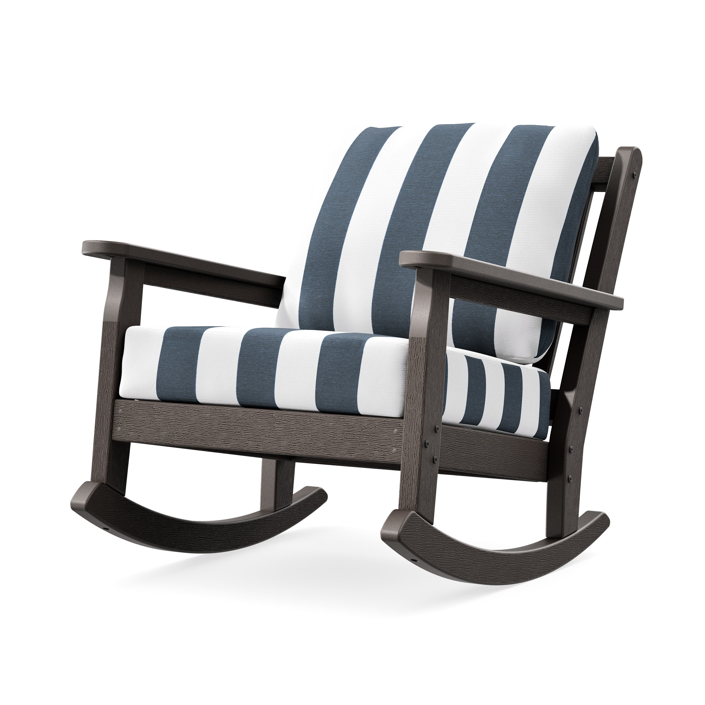 Chippendale Deep Seating Rocking Chair in Vintage Coffee / Cabana Stripe Marine Indigo