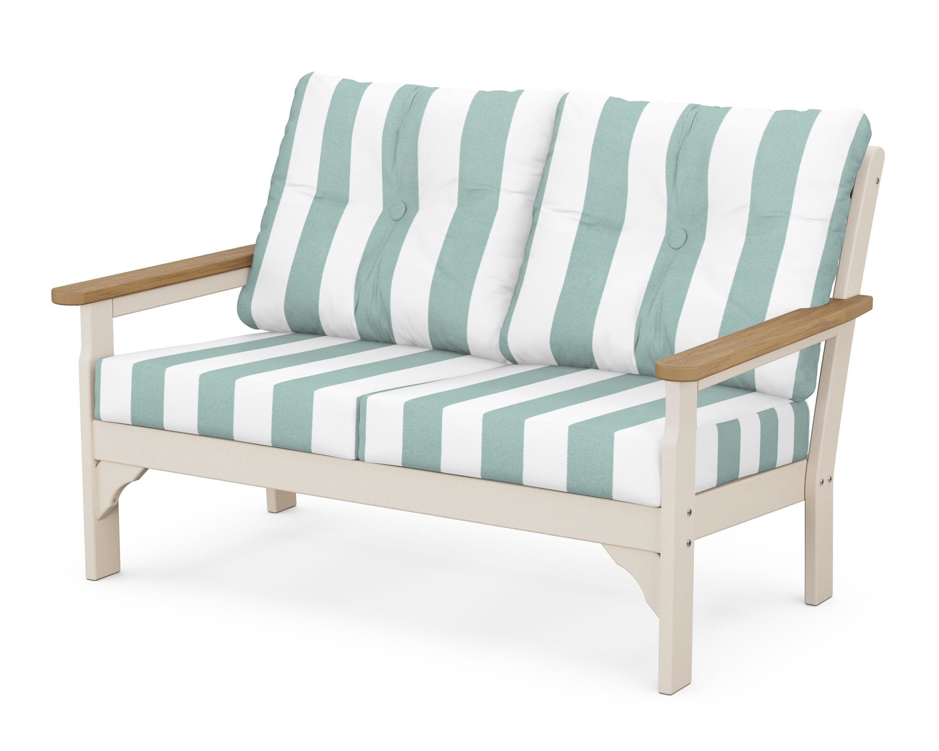 Vineyard Deep Seating Loveseat in Sand / Natural / Cabana Stripe Glacier Spa