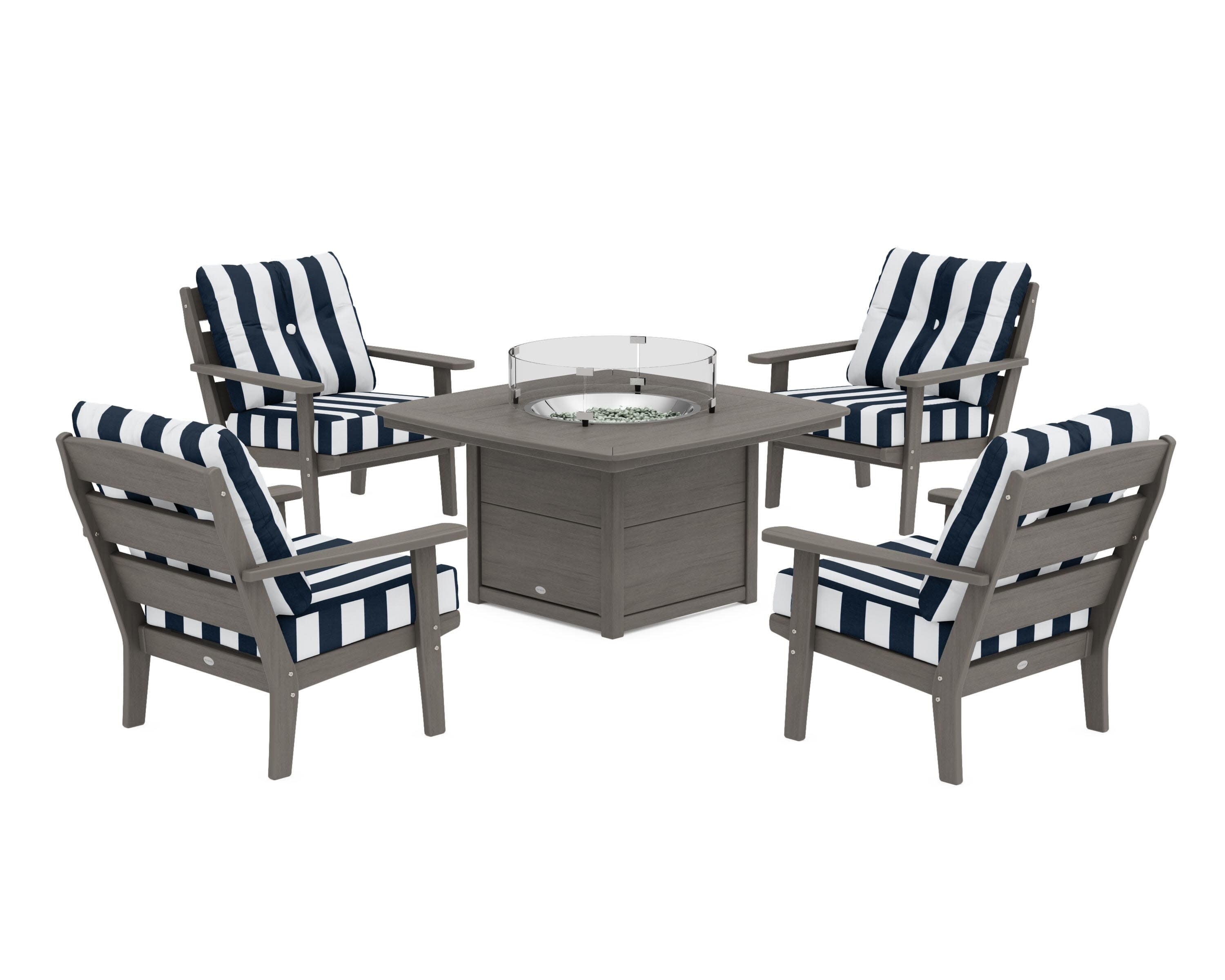 Lakeside 5-Piece Deep Seating Set with Nautical Fire Pit Table in Driftwood / Cabana Stripe Marine Indigo