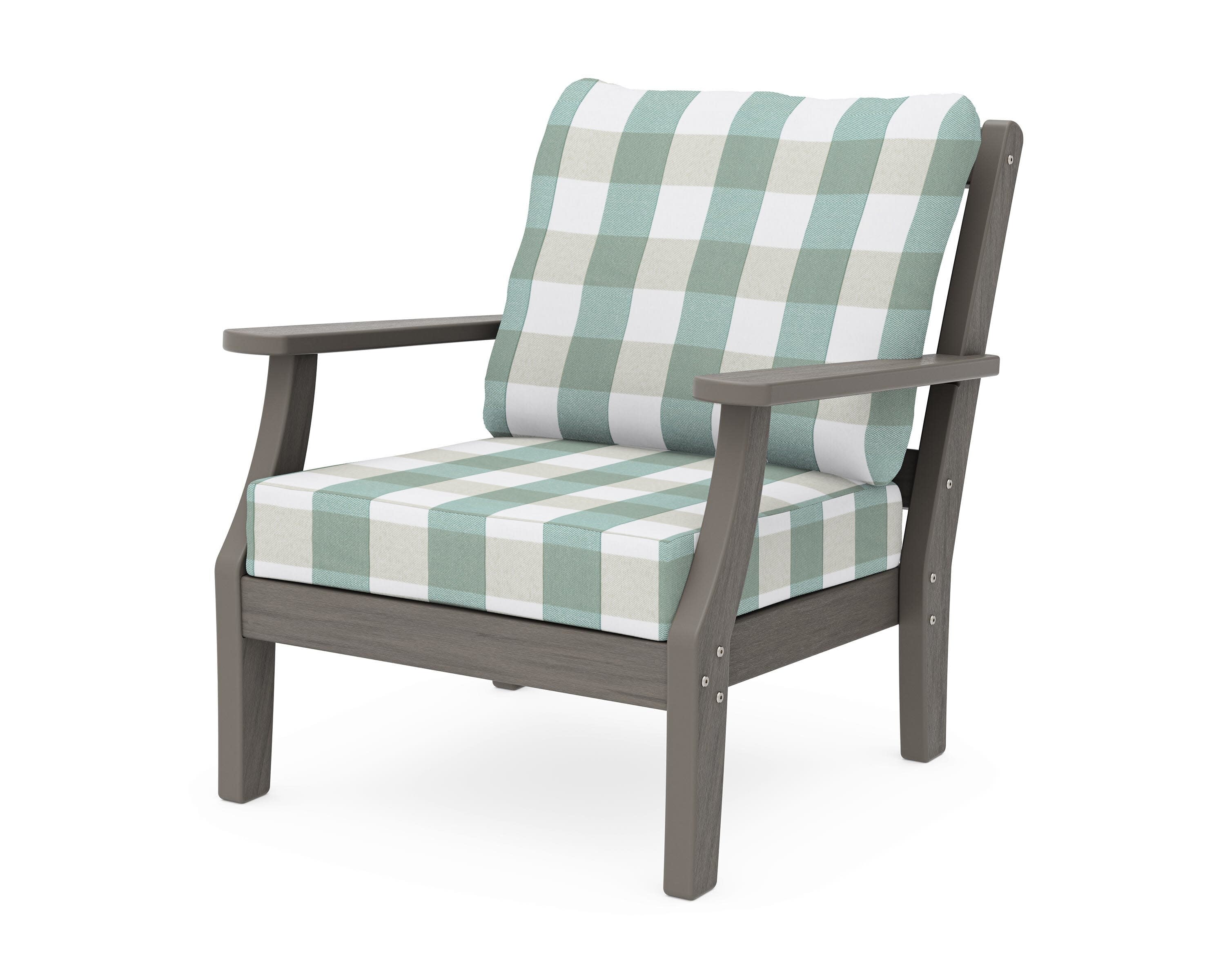 Chinoiserie Deep Seating Chair in Driftwood / Buffalo Plaid Glacier Spa