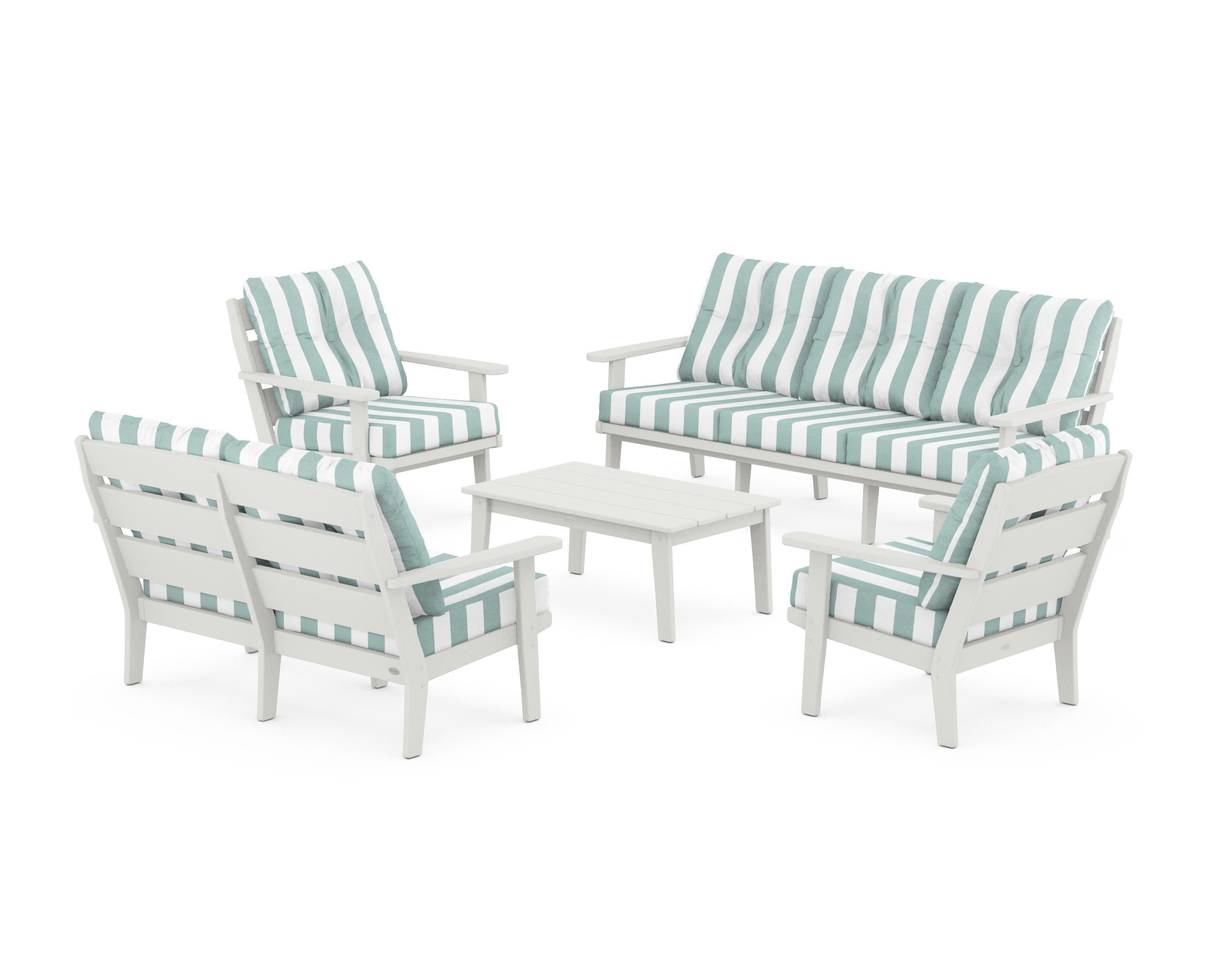 Lakeside 5-Piece Lounge Sofa Set in Vintage White / Cabana Stripe Glacier Spa