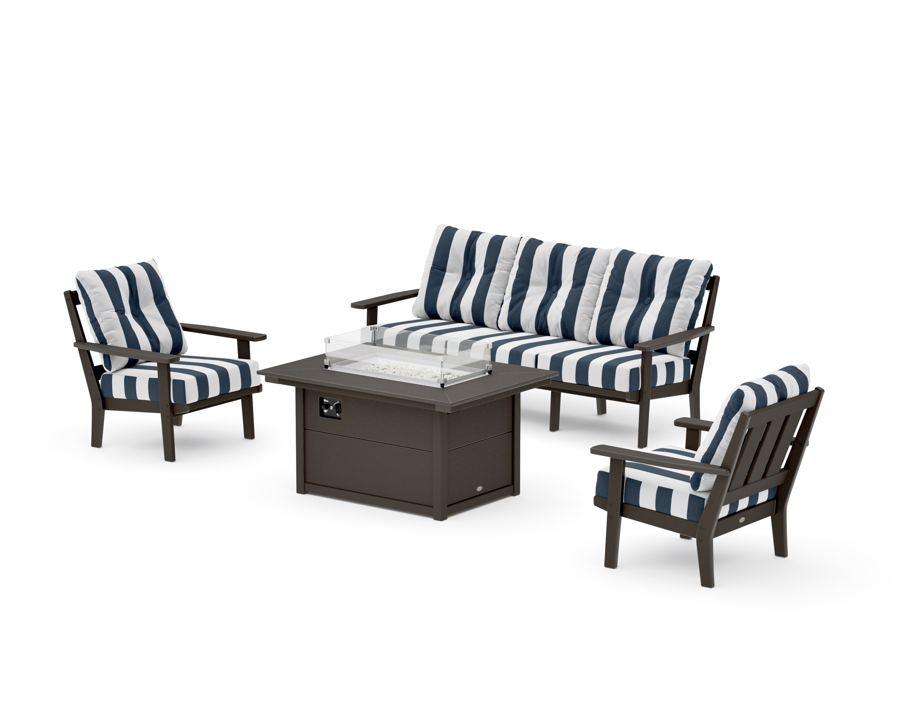 Oxford Deep Seating Fire Pit Table Set in Vintage Coffee / Cabana Stripe Marine Indigo